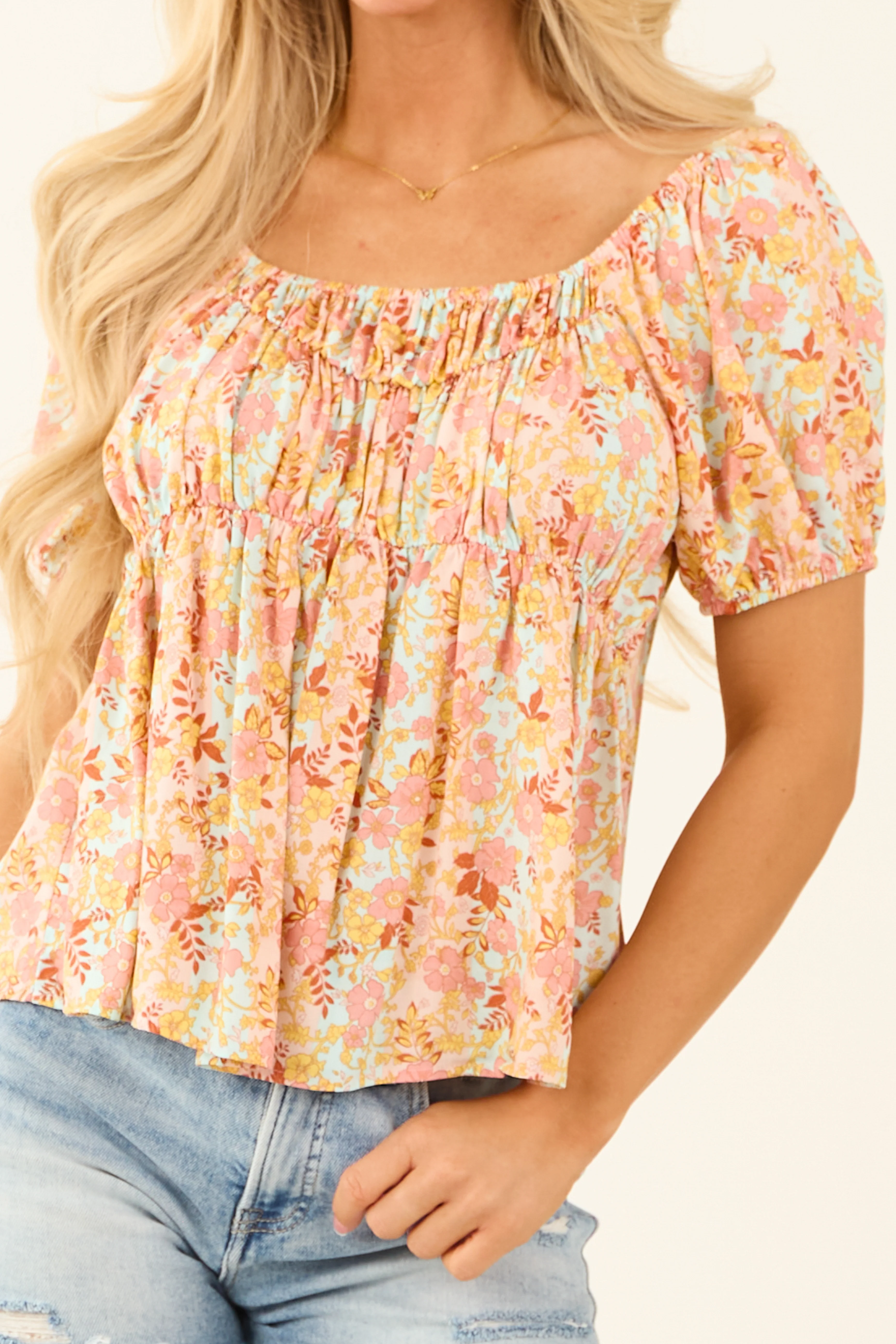 Arctic Blue Floral Print Puff Sleeve Babydoll Top - Image 7