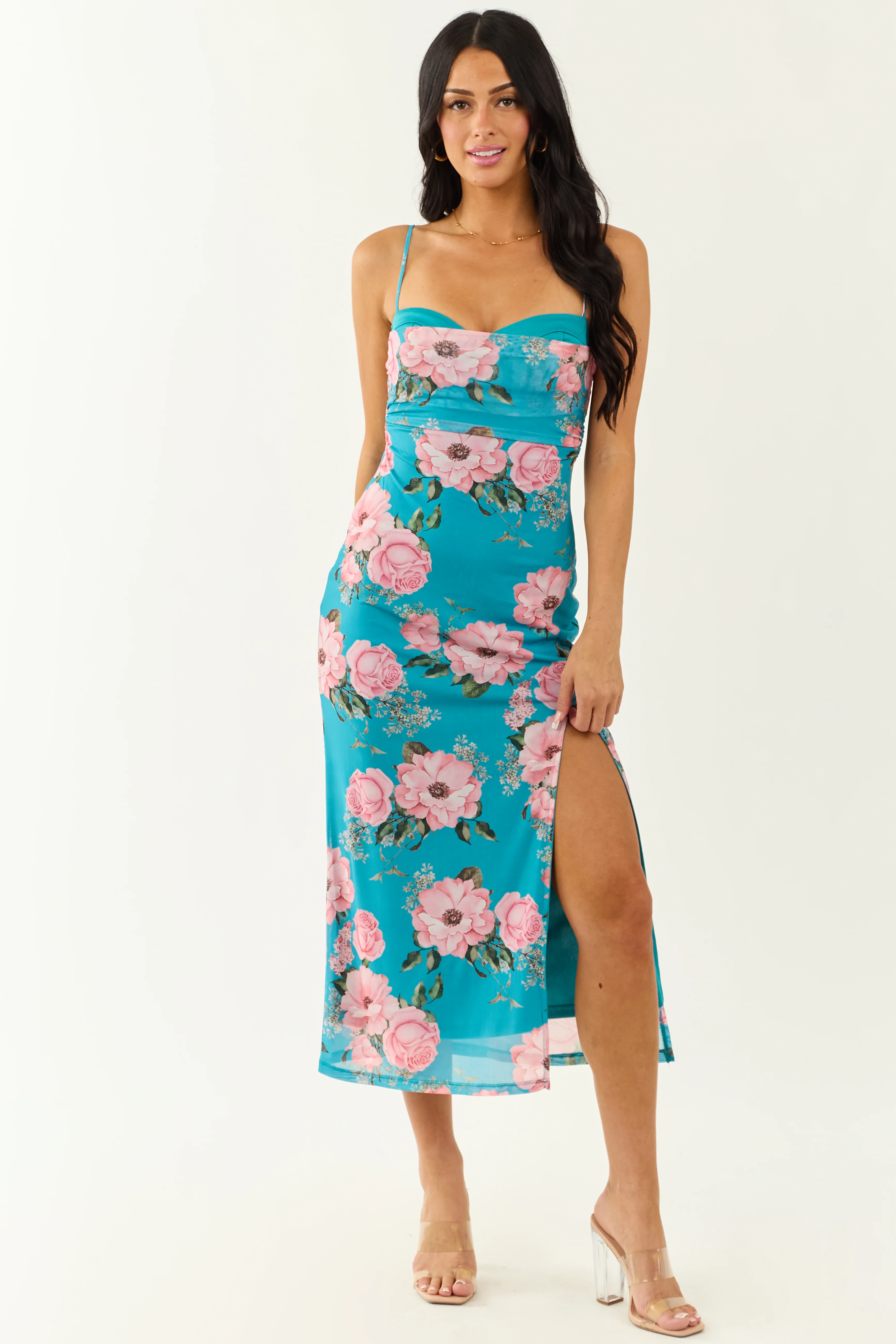 Azure Floral Print Mesh Sleeveless Midi Dress - Image 5