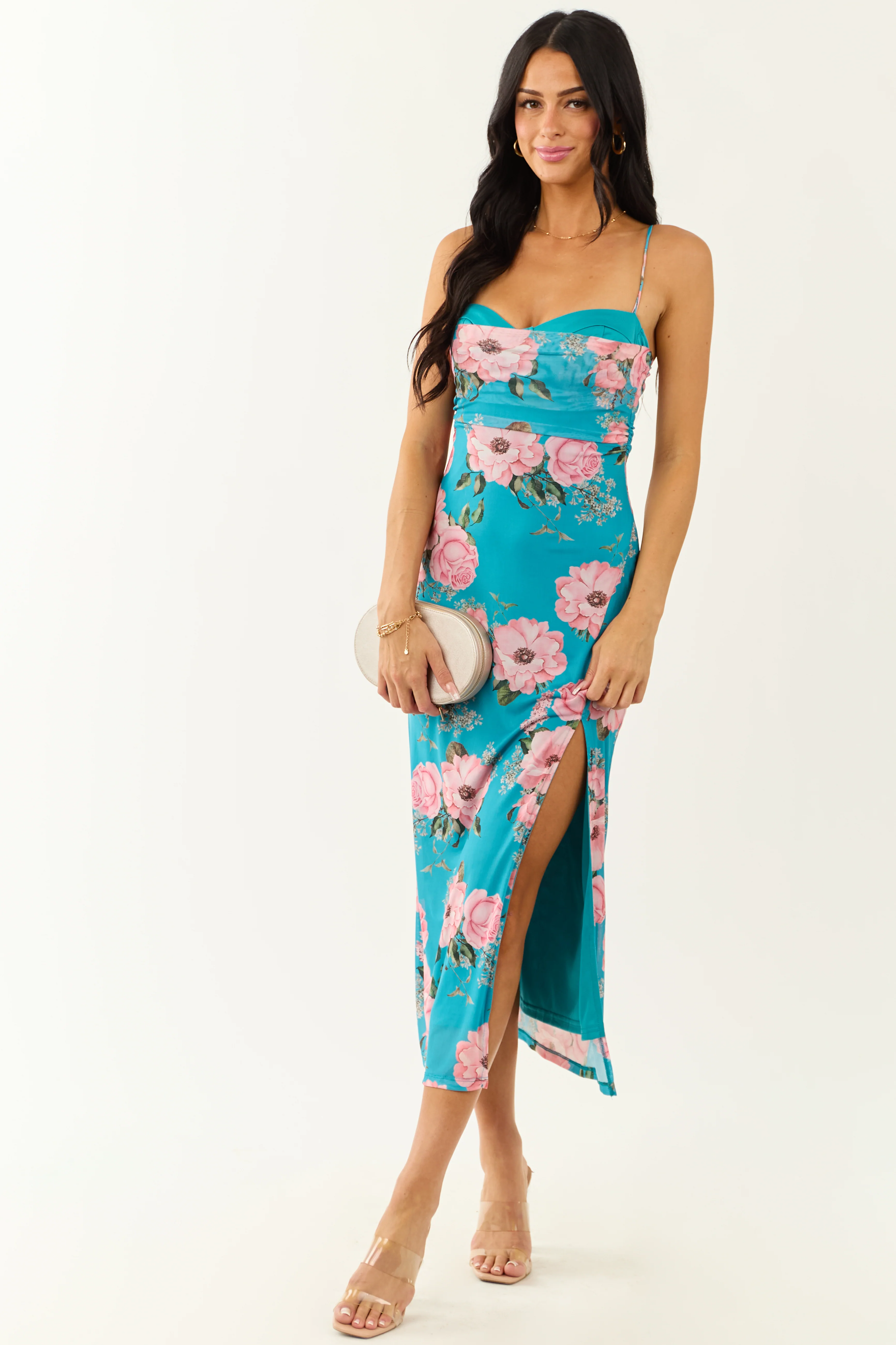 Azure Floral Print Mesh Sleeveless Midi Dress - Image 6