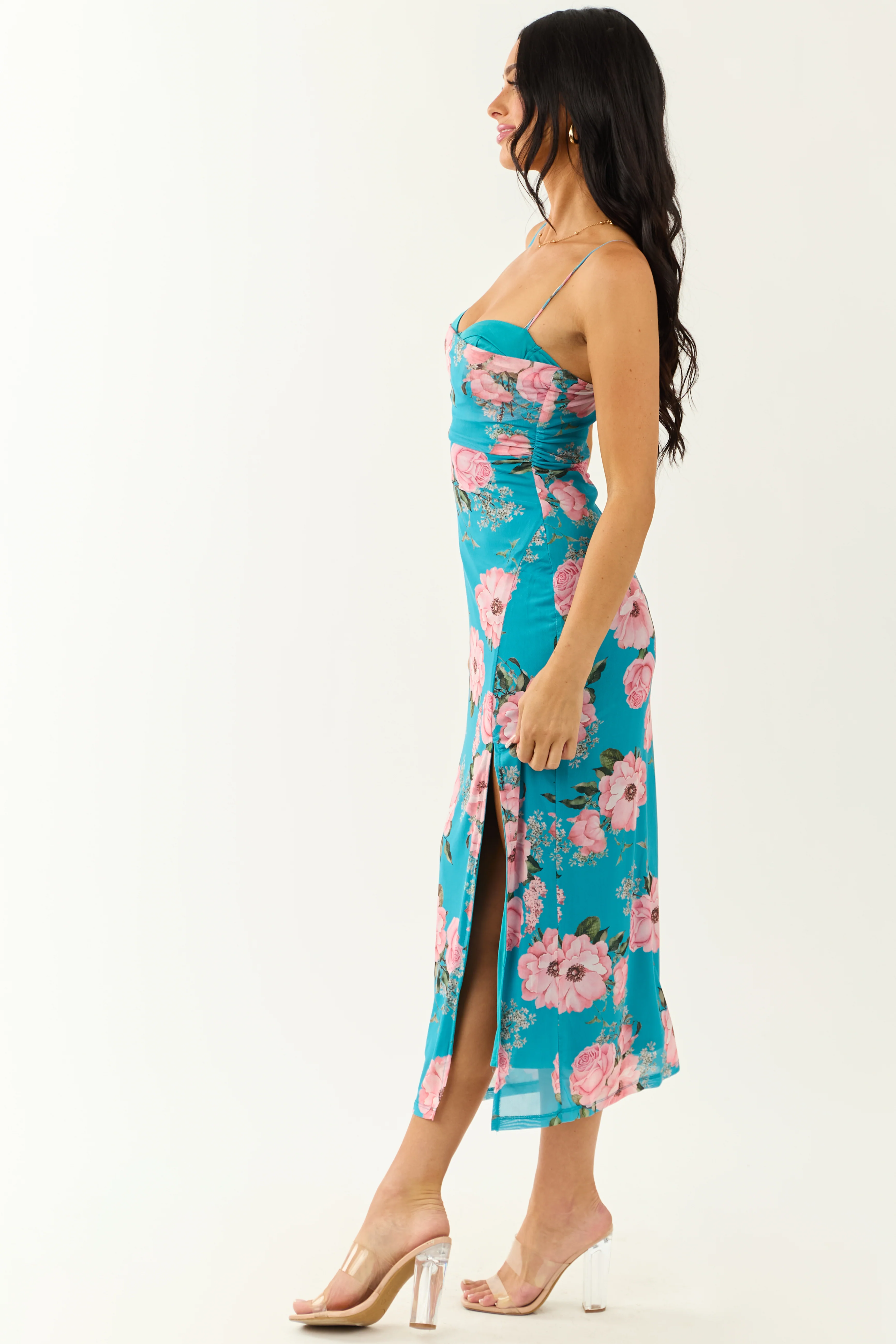 Azure Floral Print Mesh Sleeveless Midi Dress - Image 7