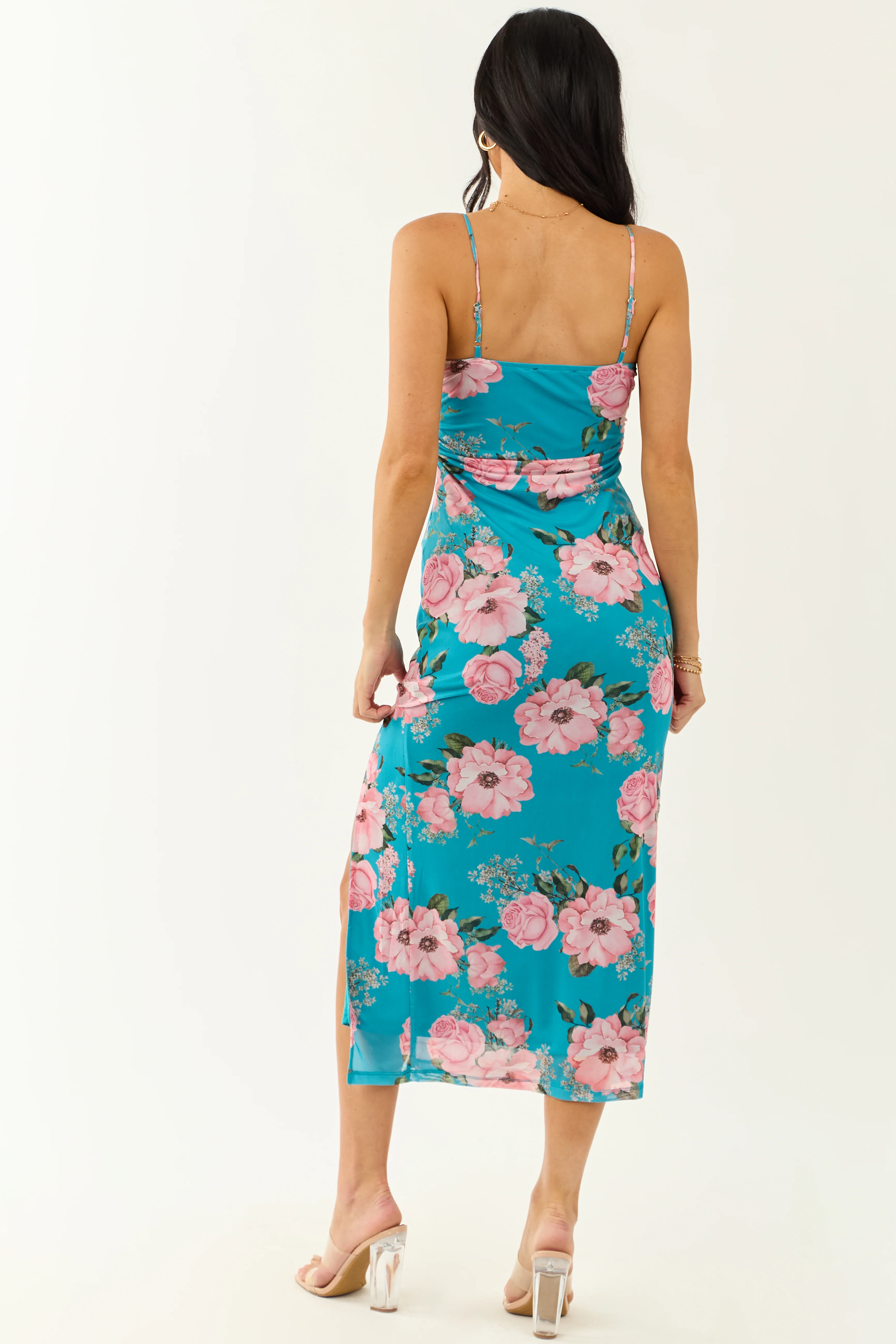 Azure Floral Print Mesh Sleeveless Midi Dress - Image 8