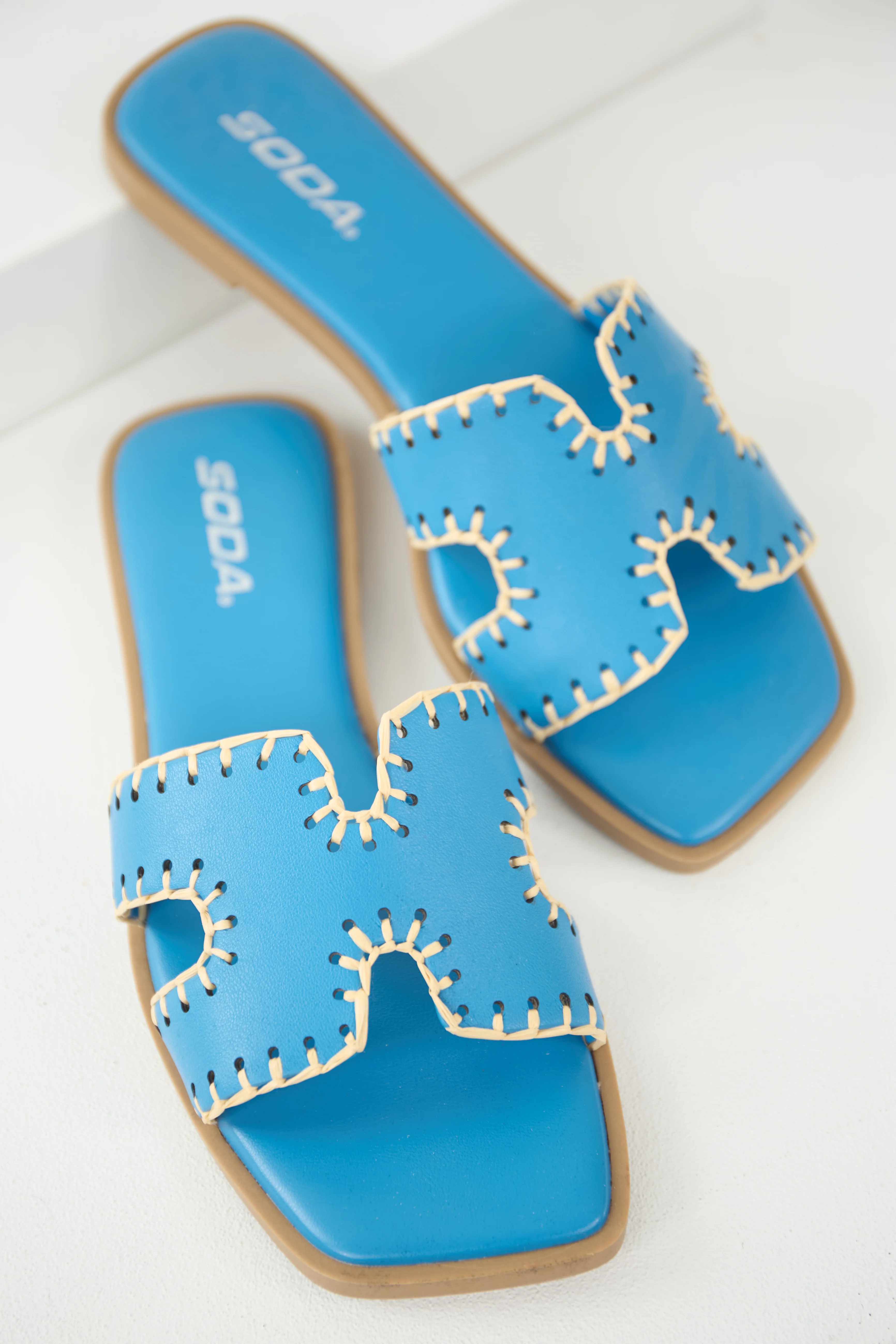 Azure Straw Trim Cut Out Strap Slide Sandals - Image 2