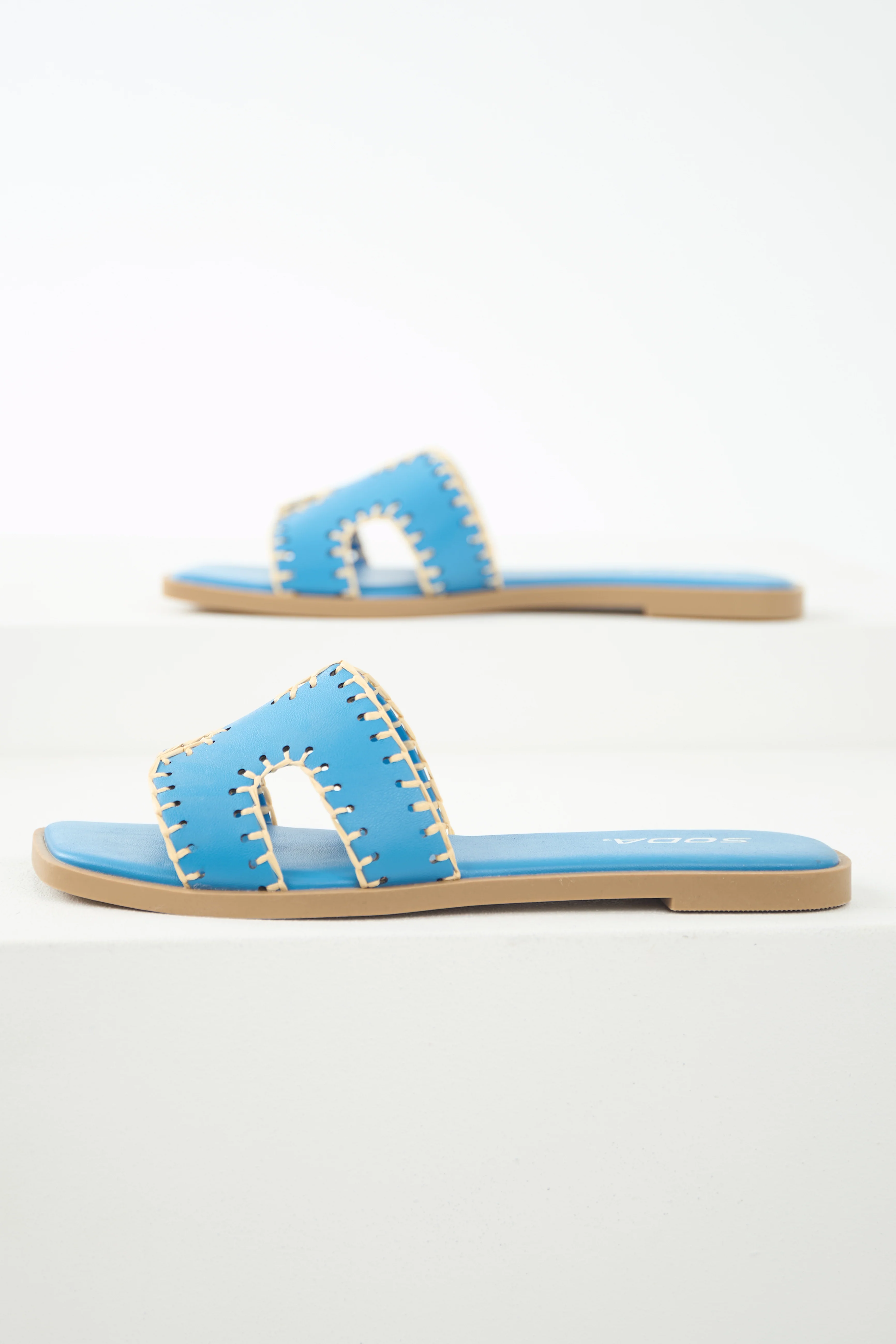 Azure Straw Trim Cut Out Strap Slide Sandals - Image 3