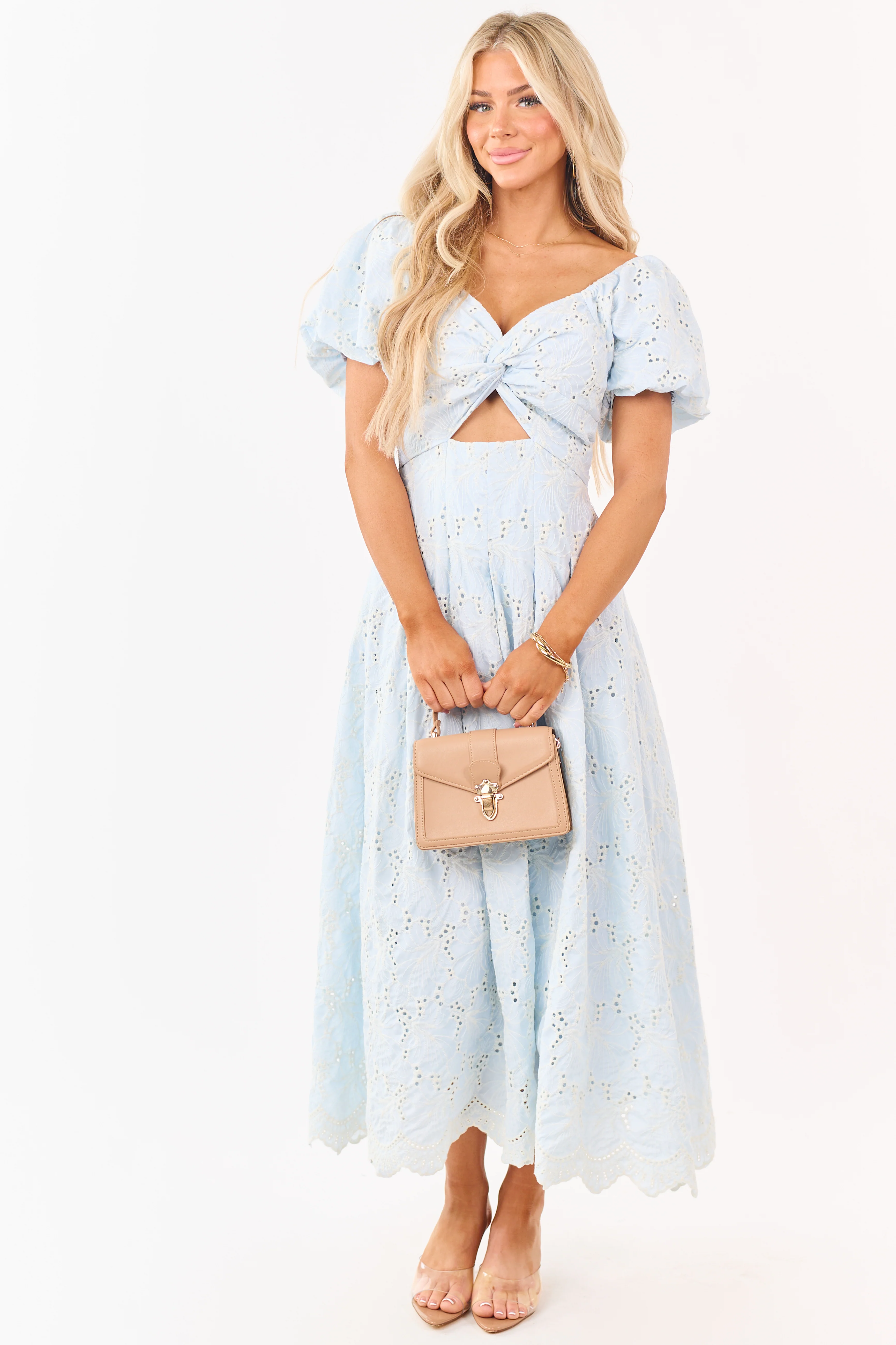 Baby Blue Eyelet Lace Front Twist Maxi Dress