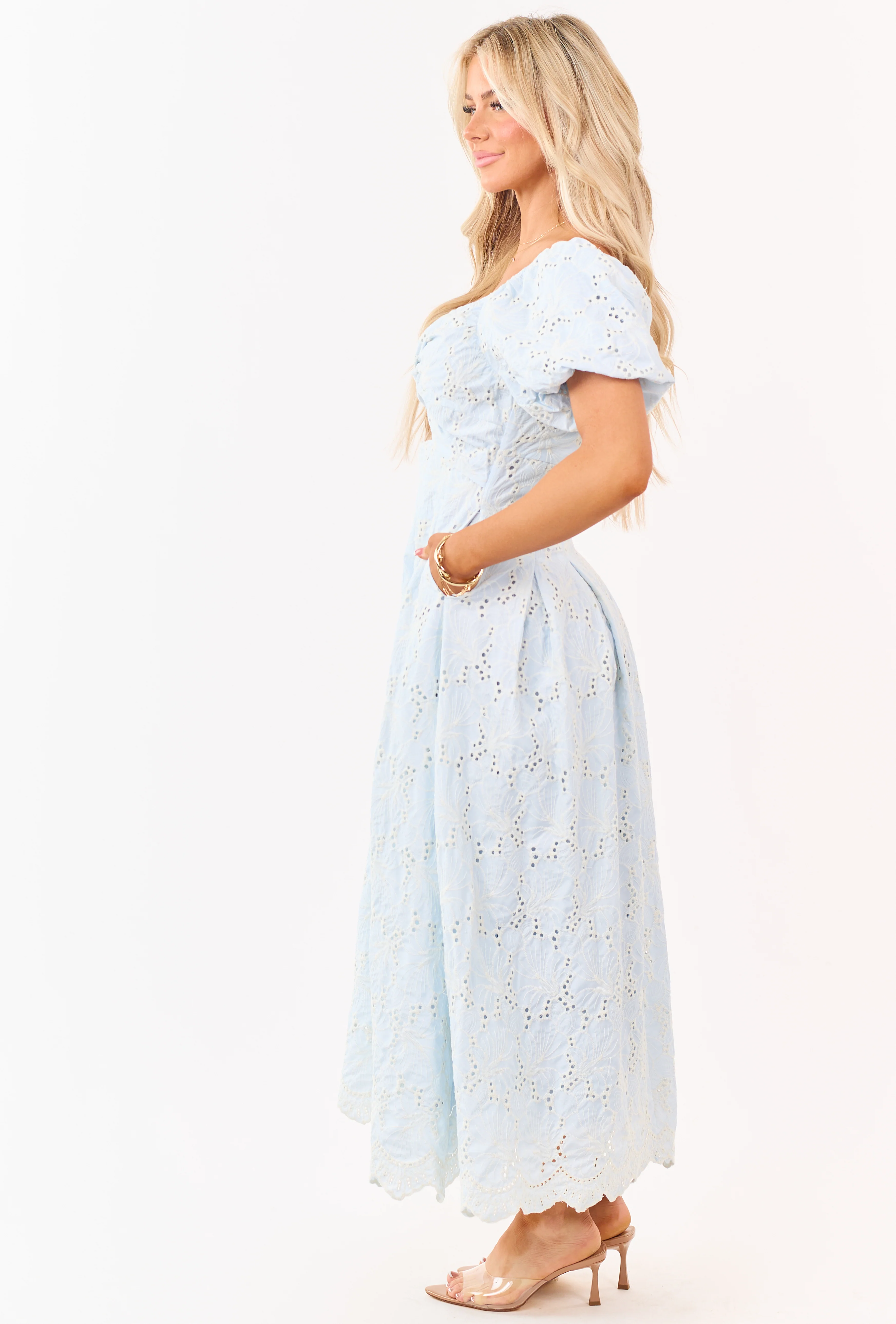 Baby Blue Eyelet Lace Front Twist Maxi Dress - Image 4