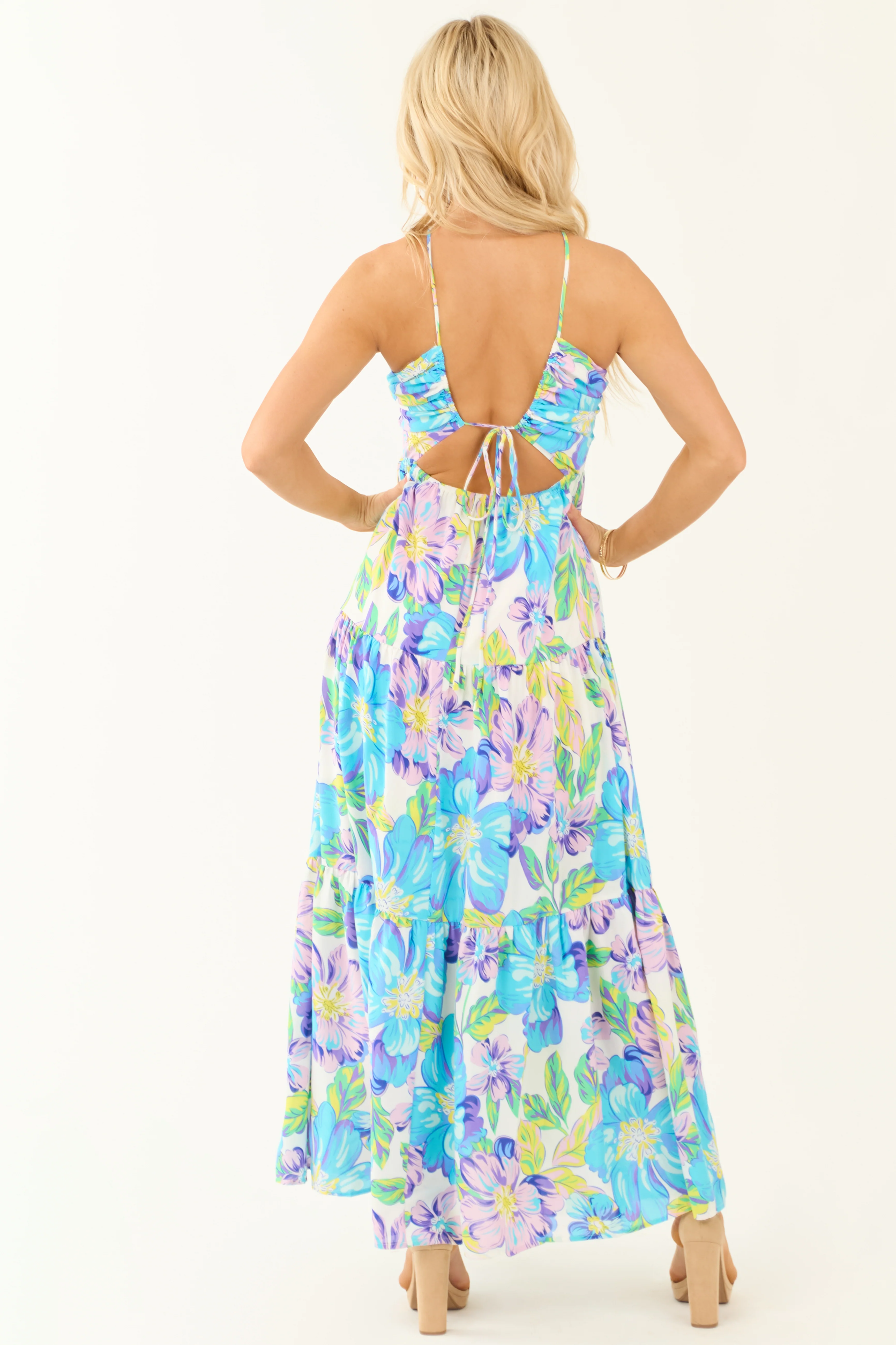 Baby Blue Floral Print Halter Neck Maxi Dress - Image 6