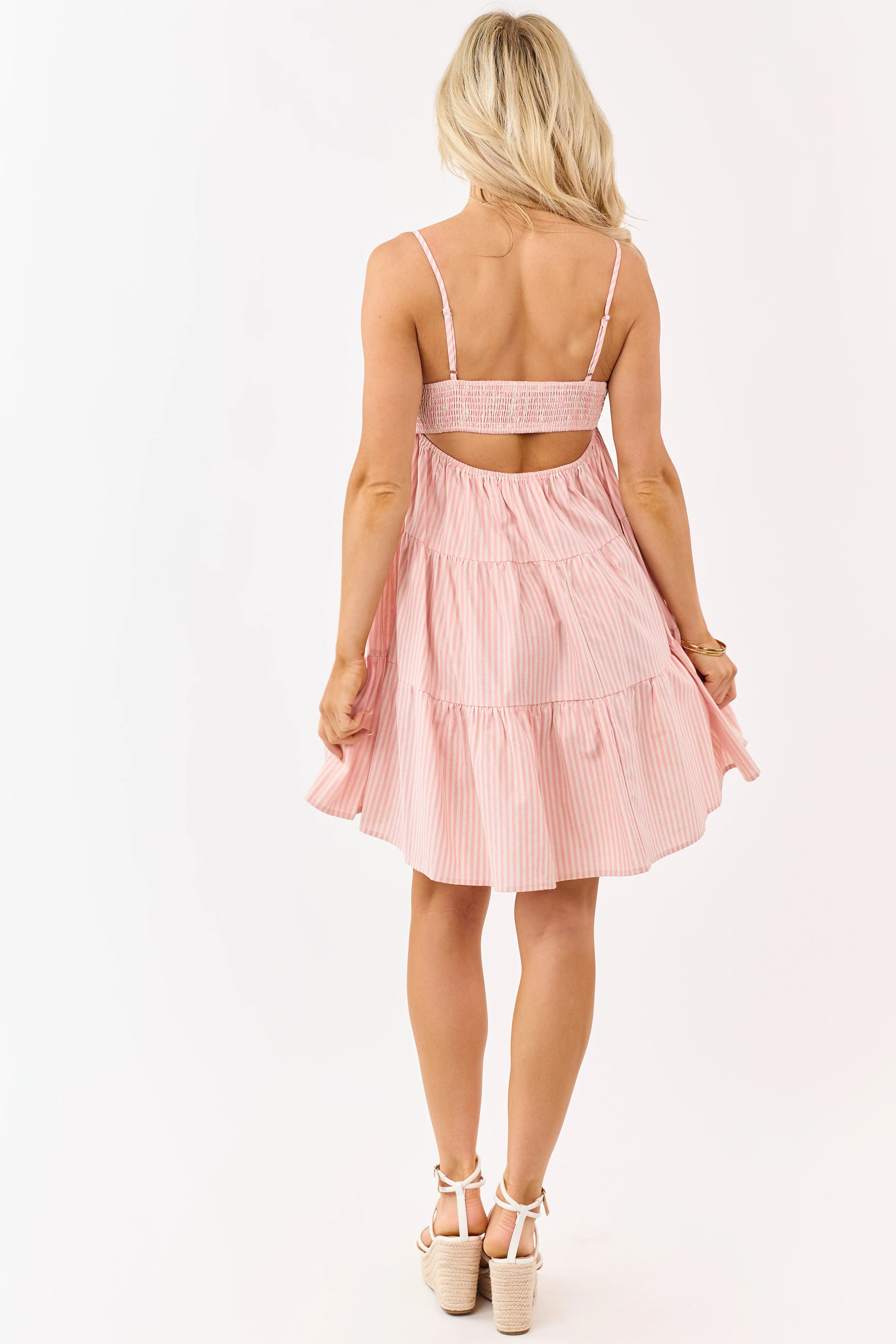 Baby Pink and Almond Striped Tiered Mini Dress - Image 5