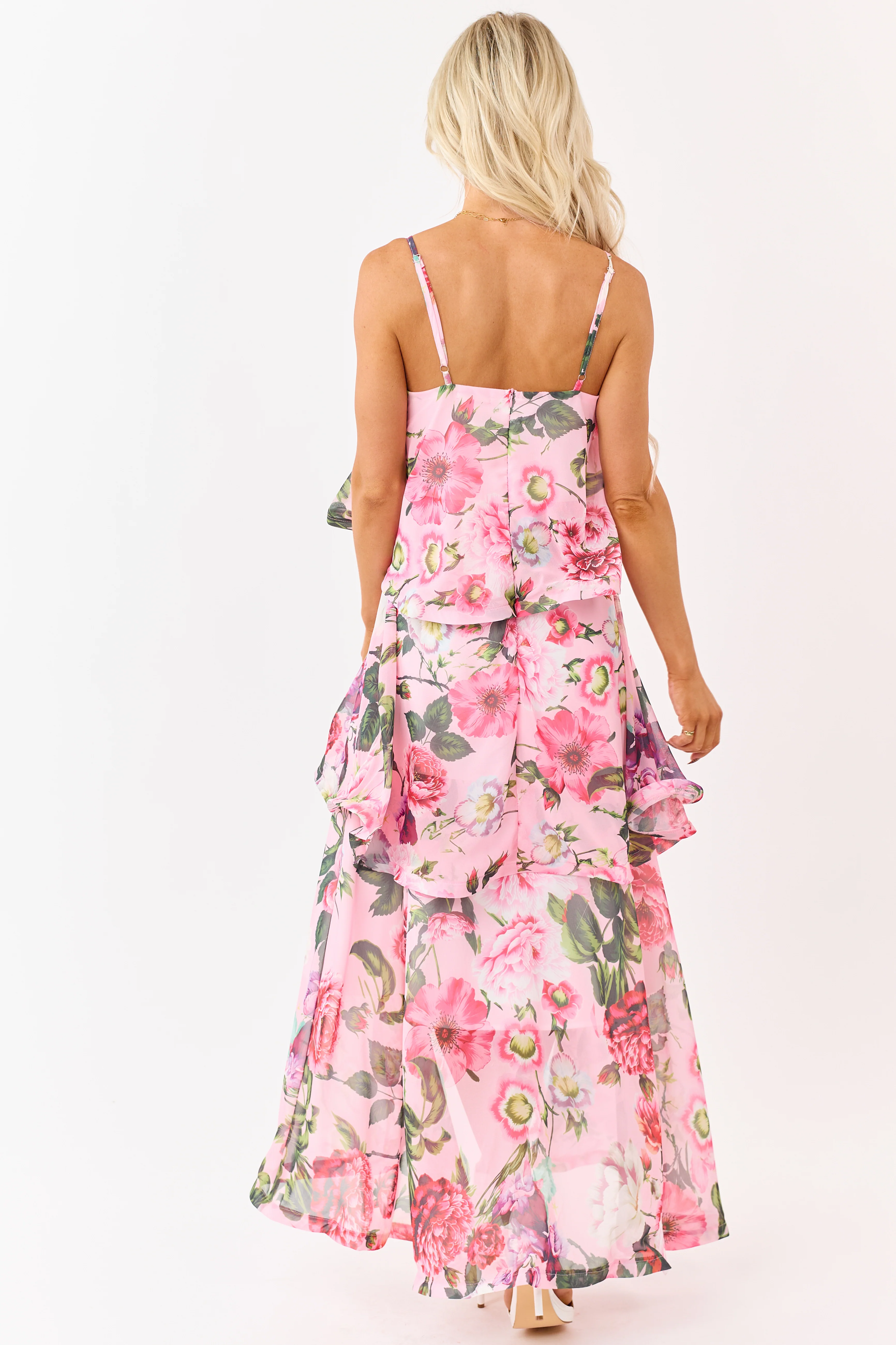 Baby Pink Chiffon Floral Print Tiered Maxi Dress - Image 5