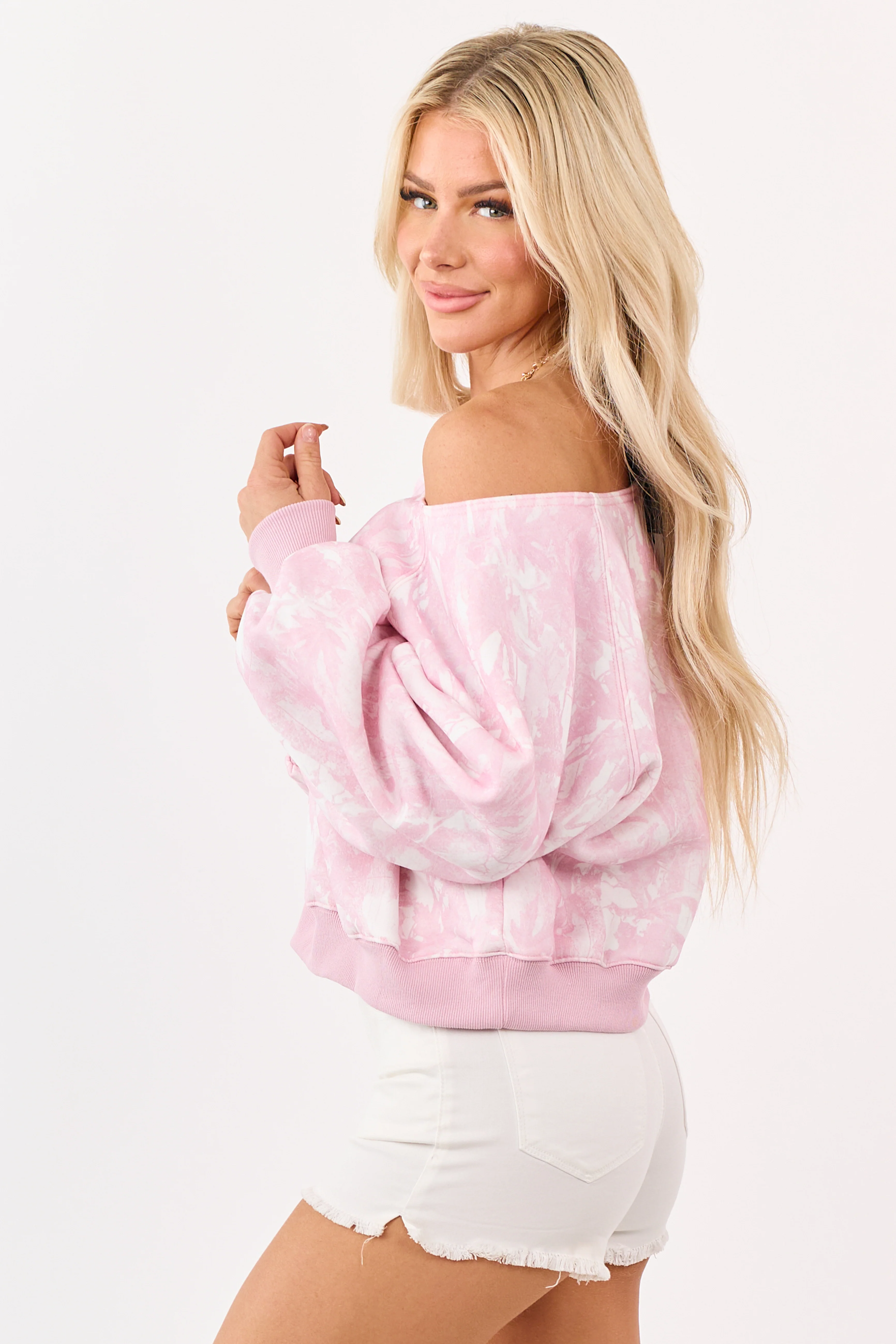 Baby Pink Faded Camo Print Off Shoulder Sweatshirt - Image 4