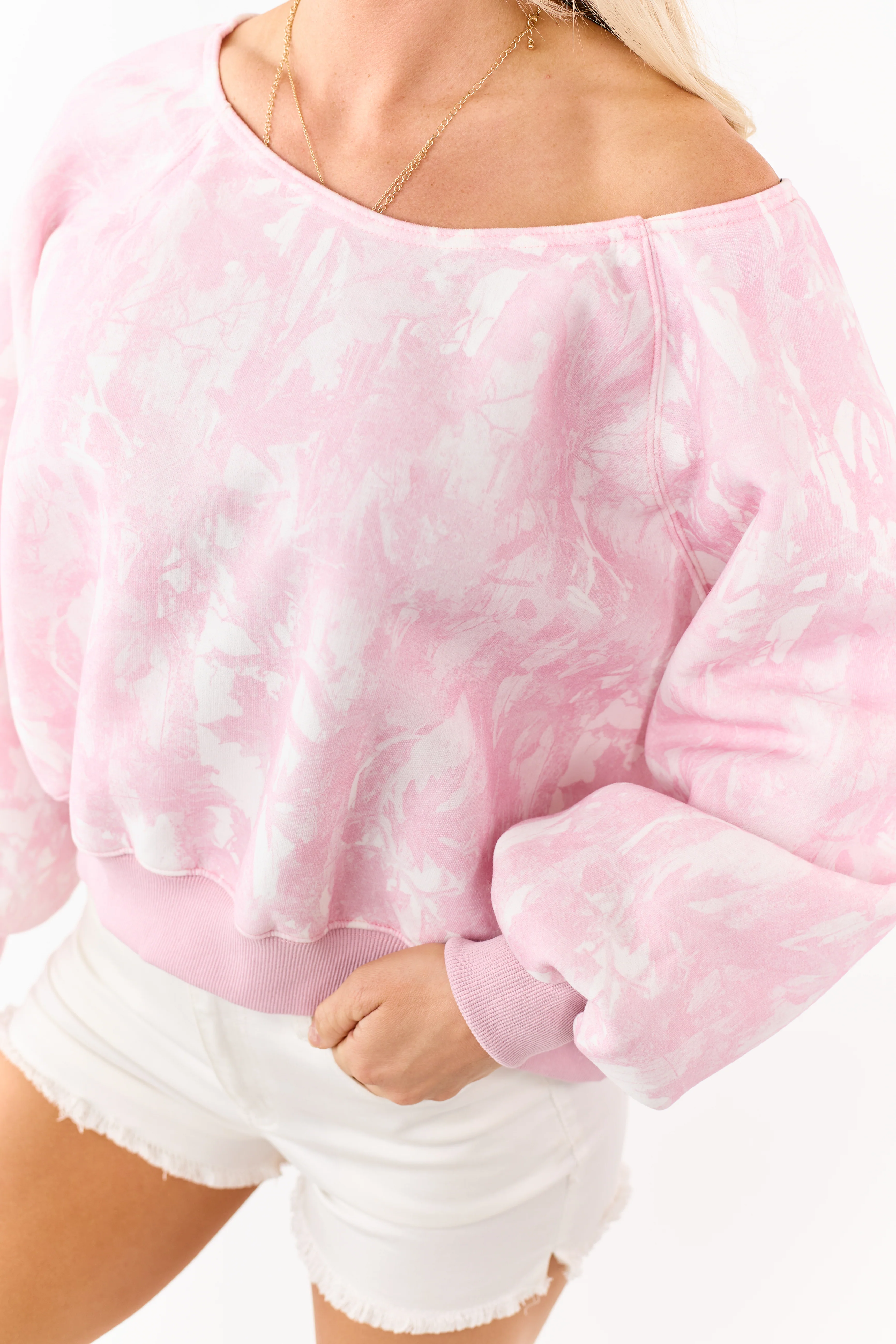 Baby Pink Faded Camo Print Off Shoulder Sweatshirt - Image 6