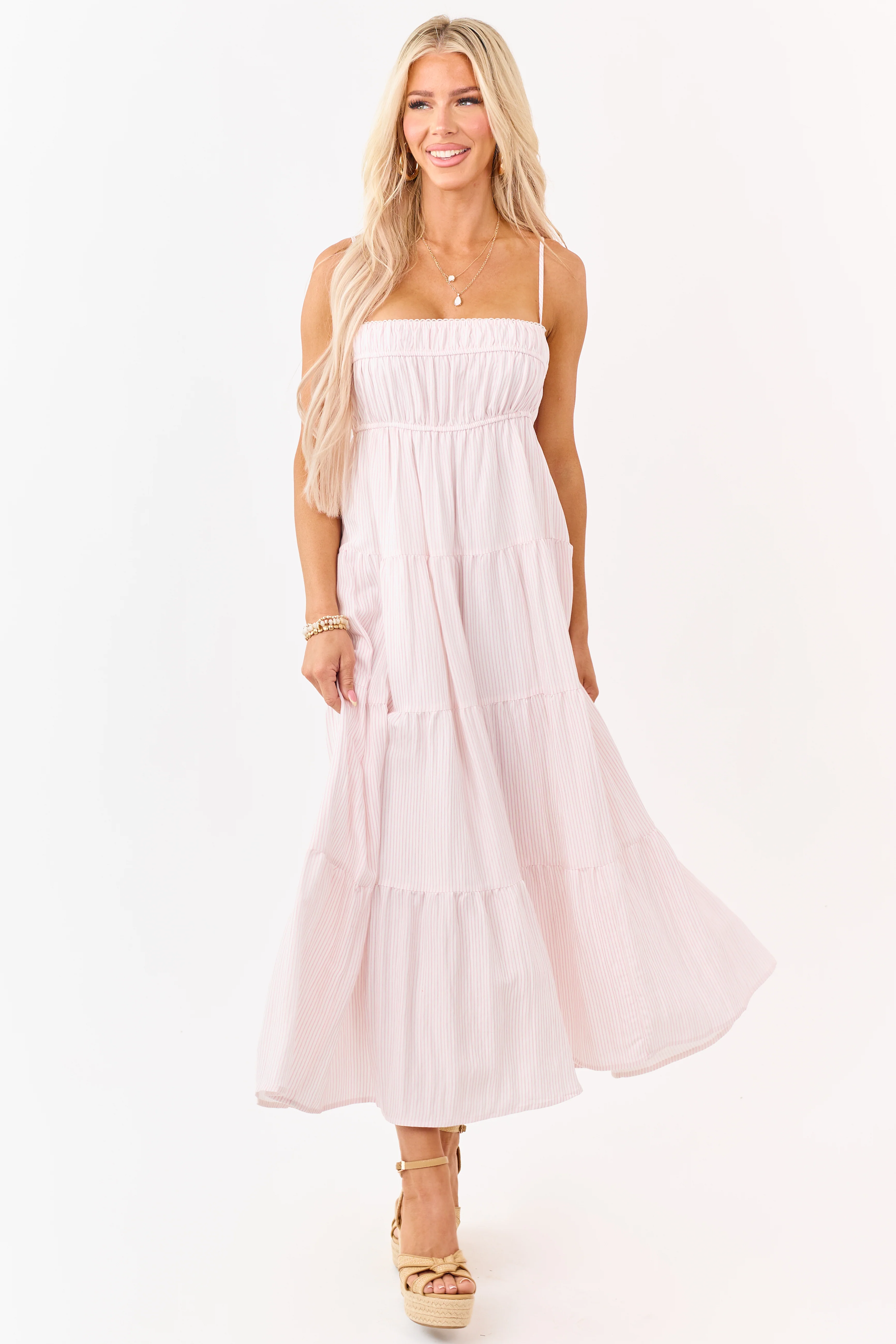 Baby Pink and Ivory Striped Babydoll Tiered Midi Dress