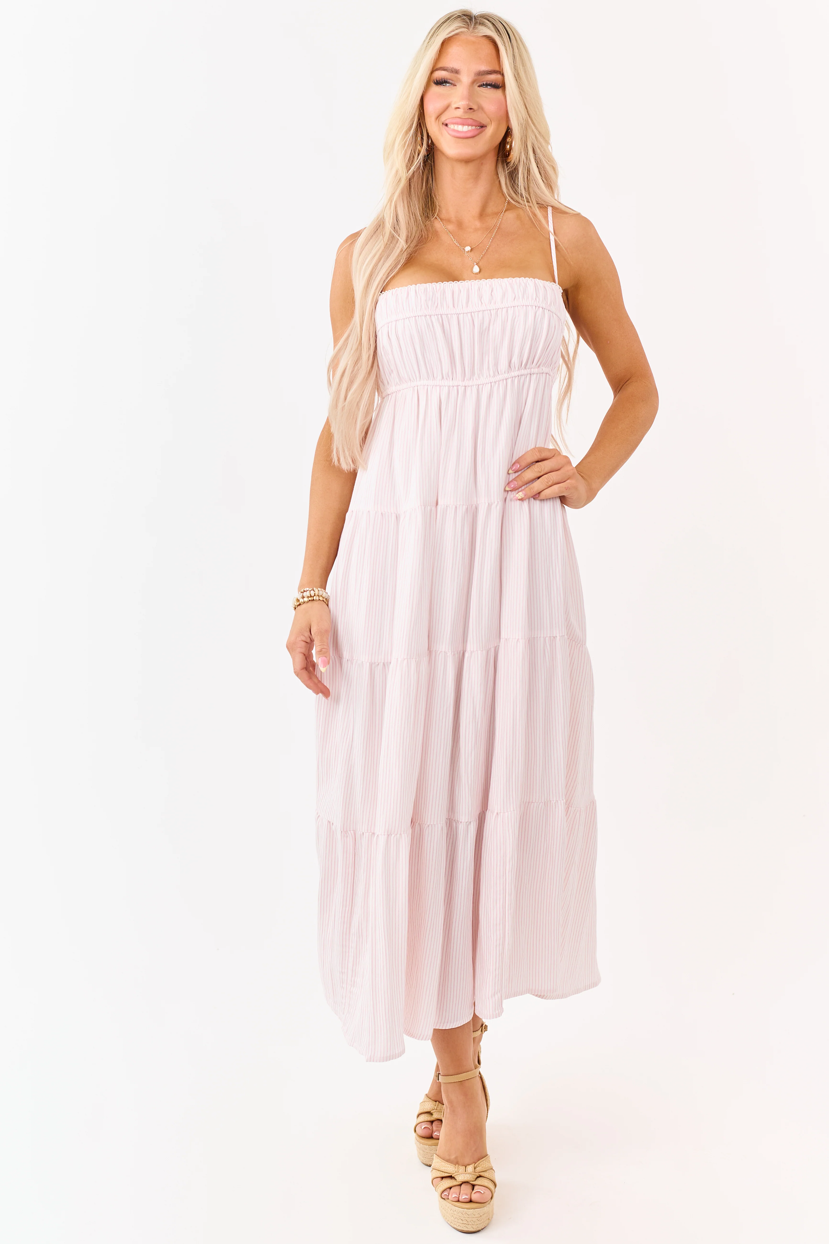Baby Pink and Ivory Striped Babydoll Tiered Midi Dress - Image 3