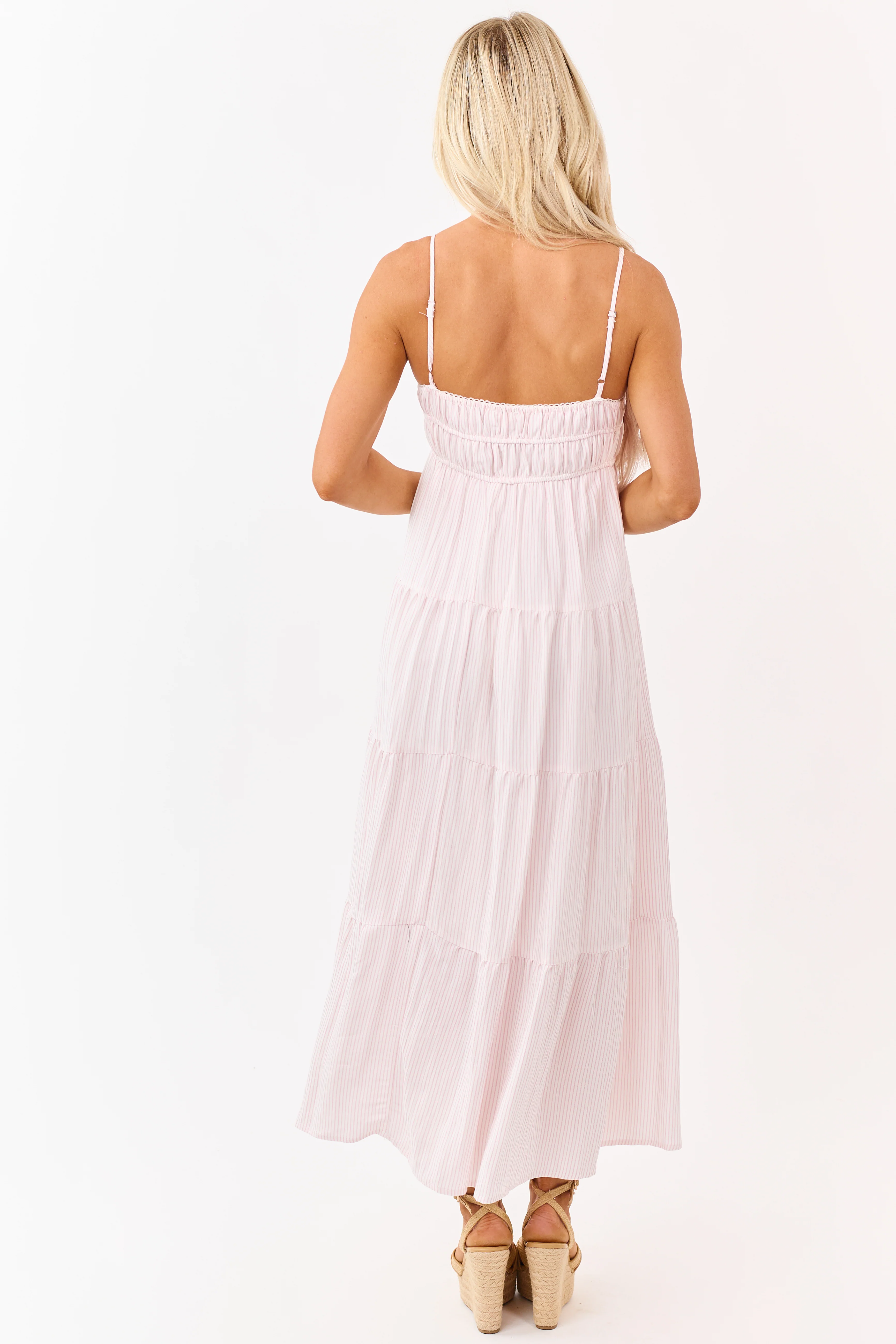 Baby Pink and Ivory Striped Babydoll Tiered Midi Dress - Image 5
