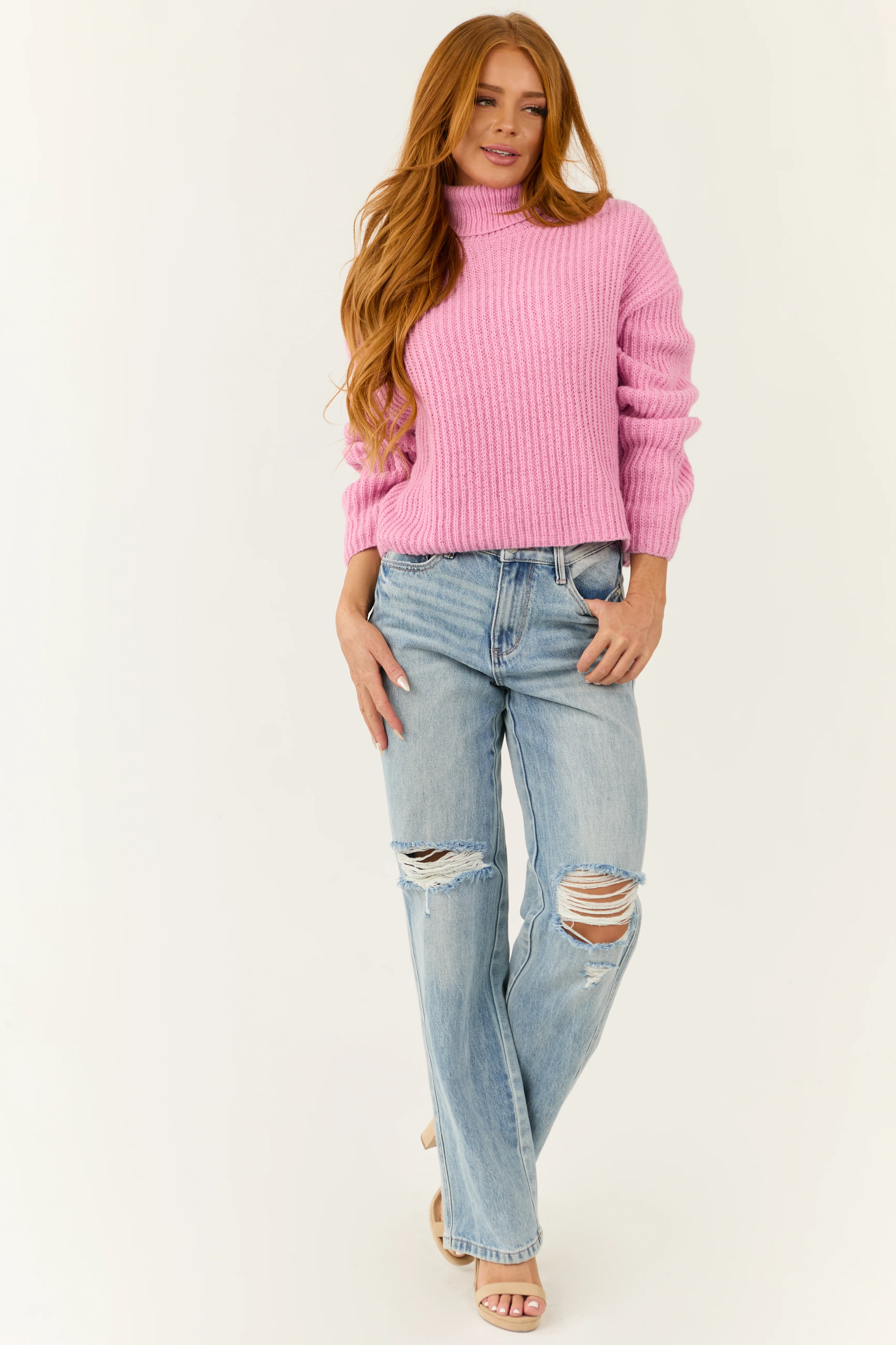 Baby Pink Long Sleeve Turtleneck Chunky Sweater - Image 2