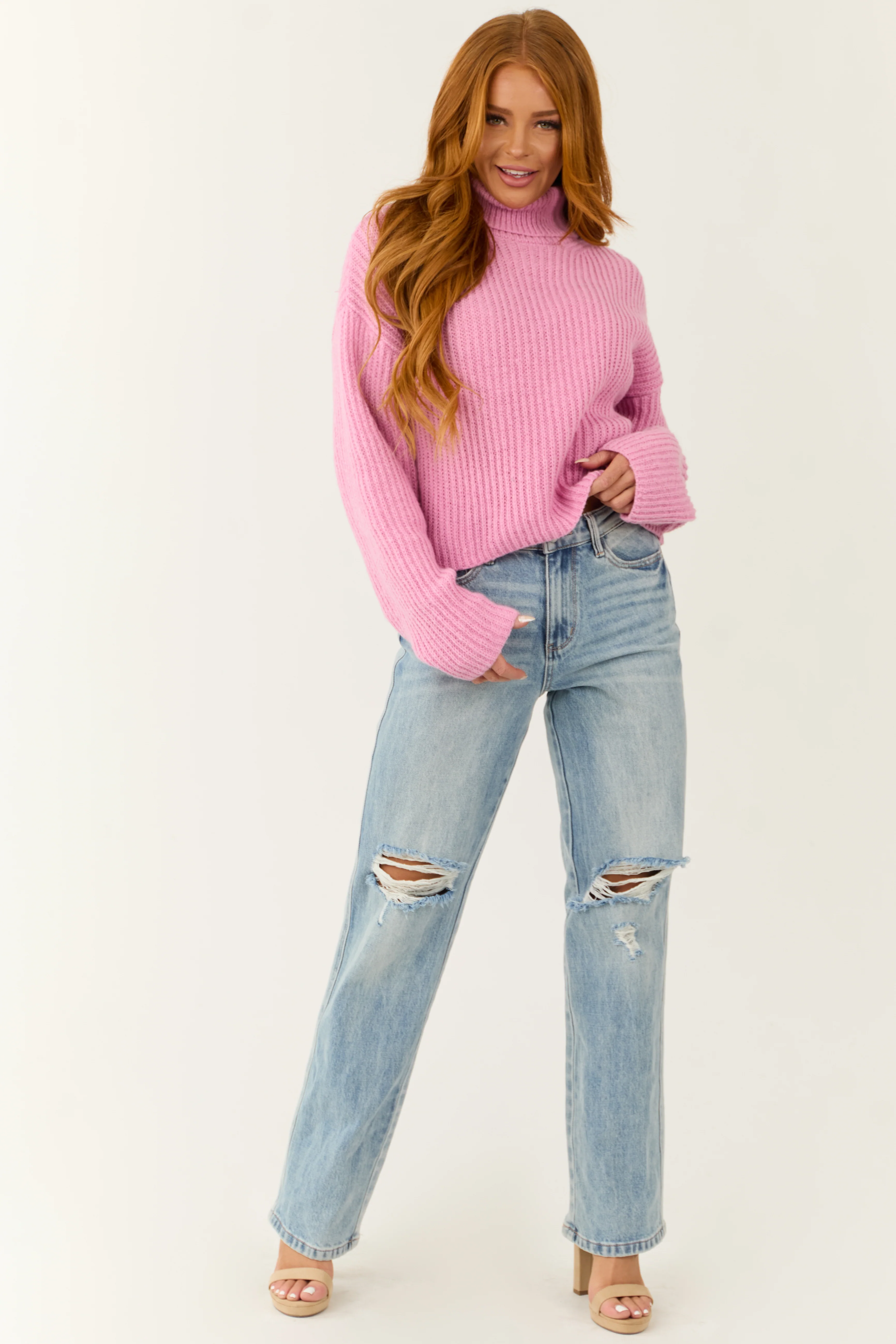 Baby Pink Long Sleeve Turtleneck Chunky Sweater - Image 3