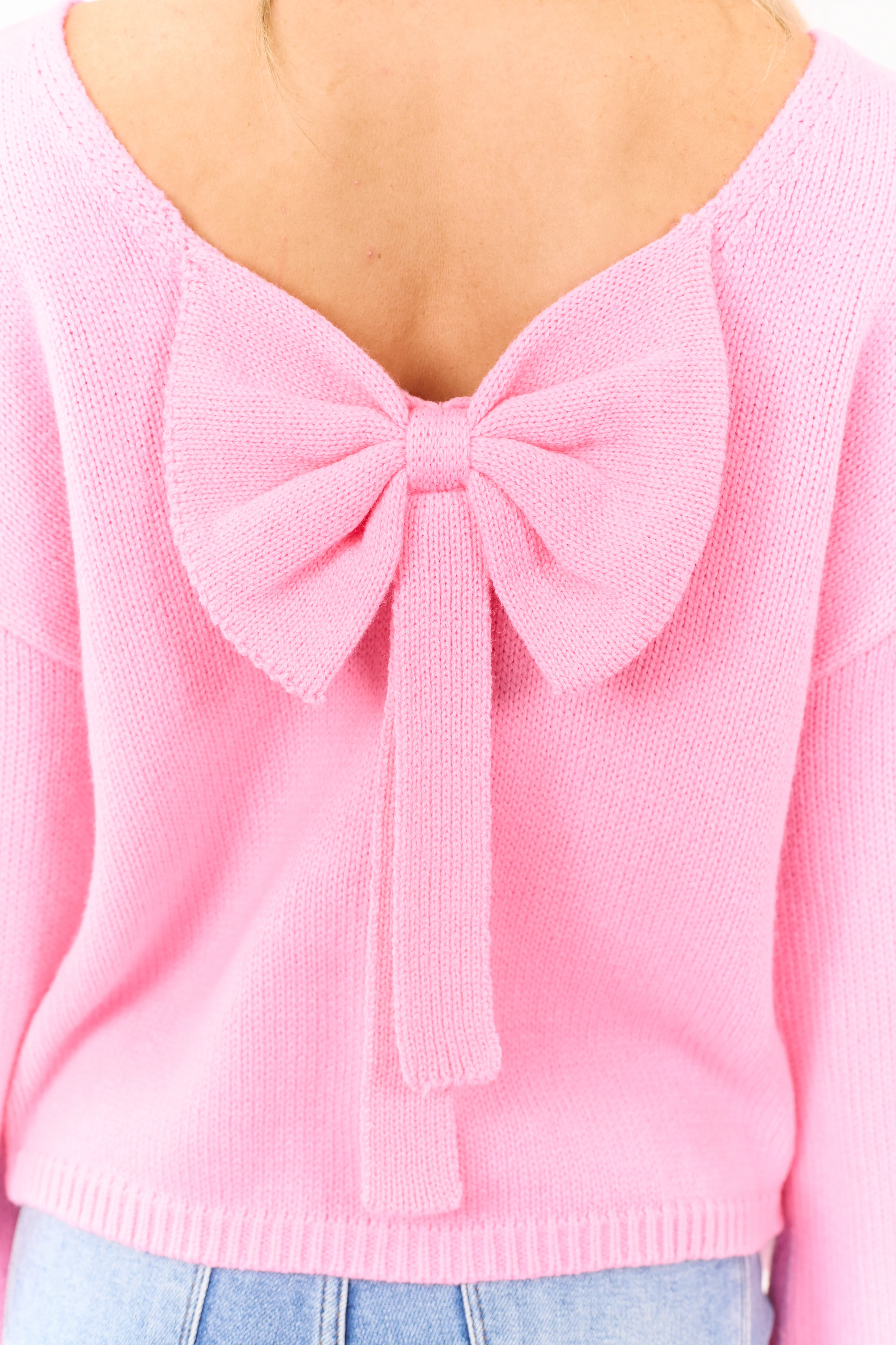 Baby Pink Low Bow Back Bubble Sleeve Knit Sweater - Image 3
