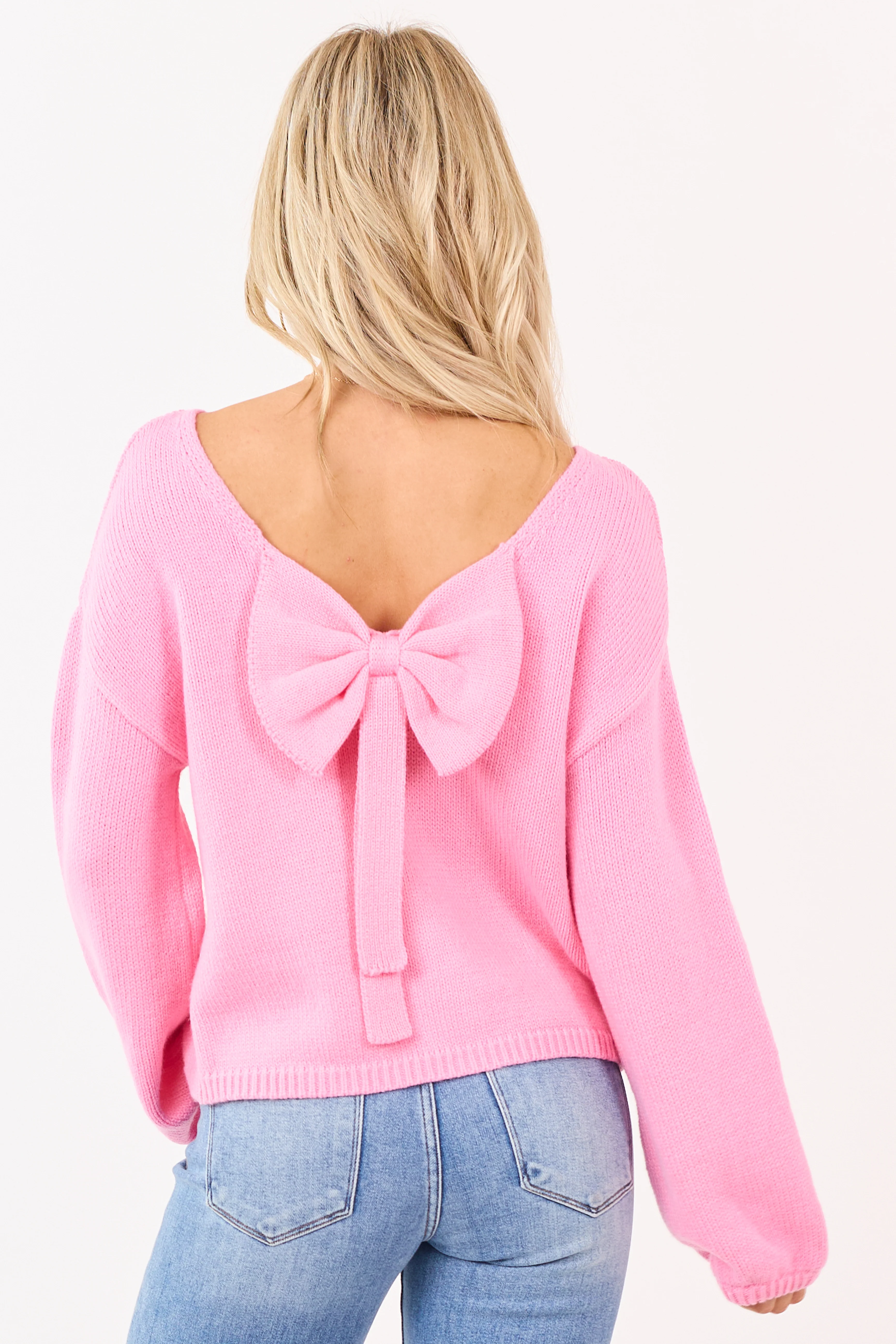 Baby Pink Low Bow Back Bubble Sleeve Knit Sweater - Image 5