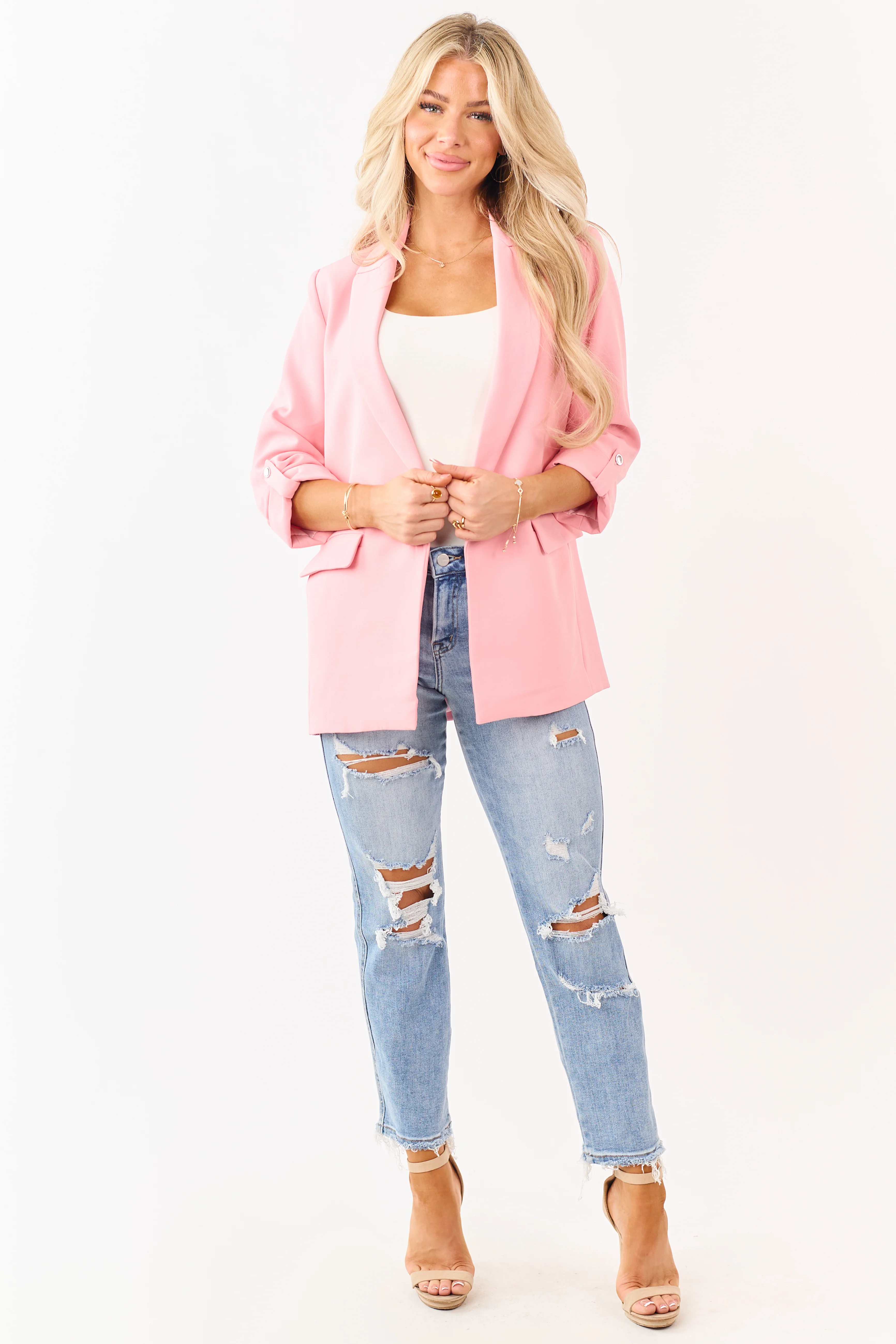 Baby Pink Open Front Rolled Sleeve Blazer - Image 3