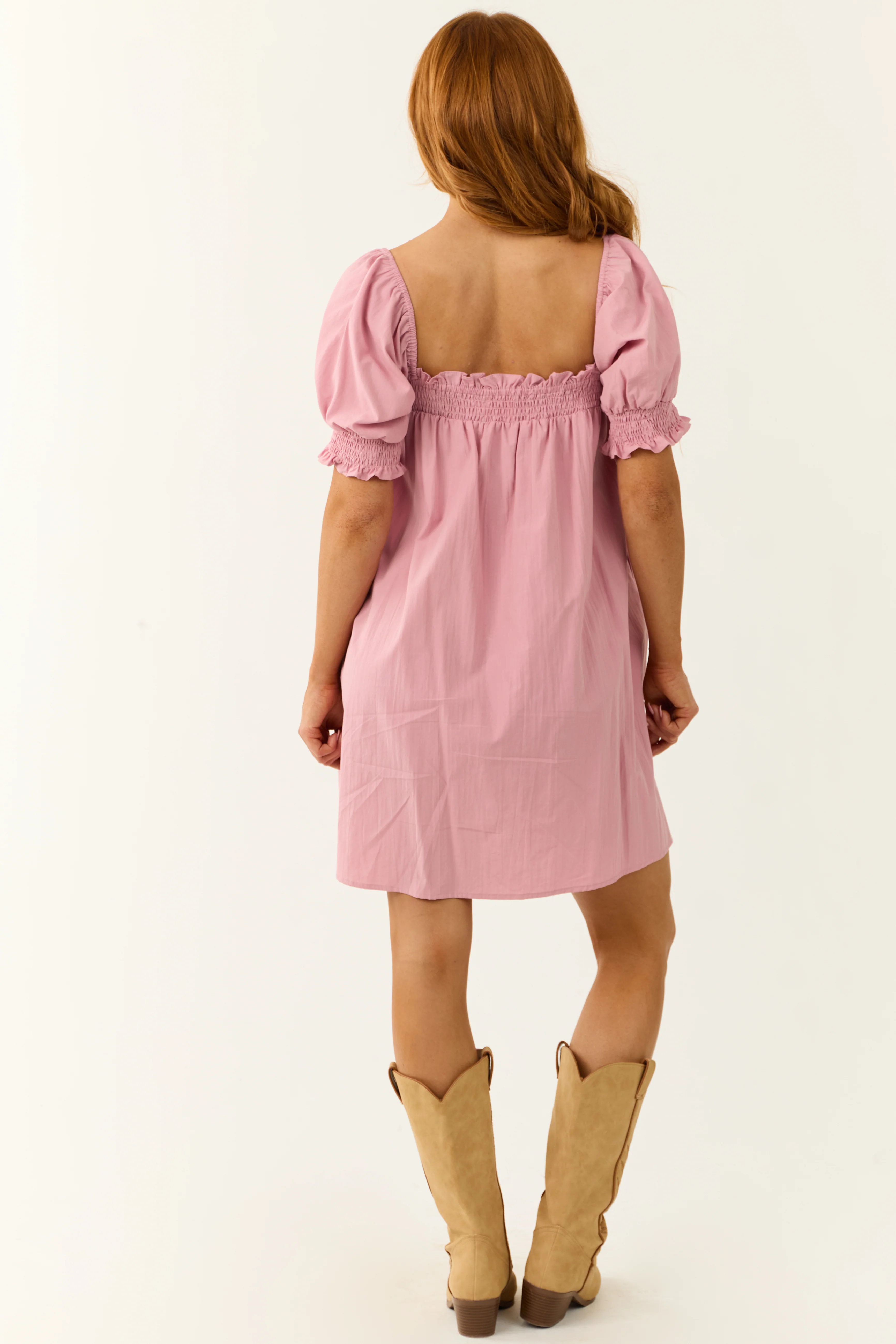 Baby Pink Short Puff Sleeve Smocked Mini Dress - Image 6