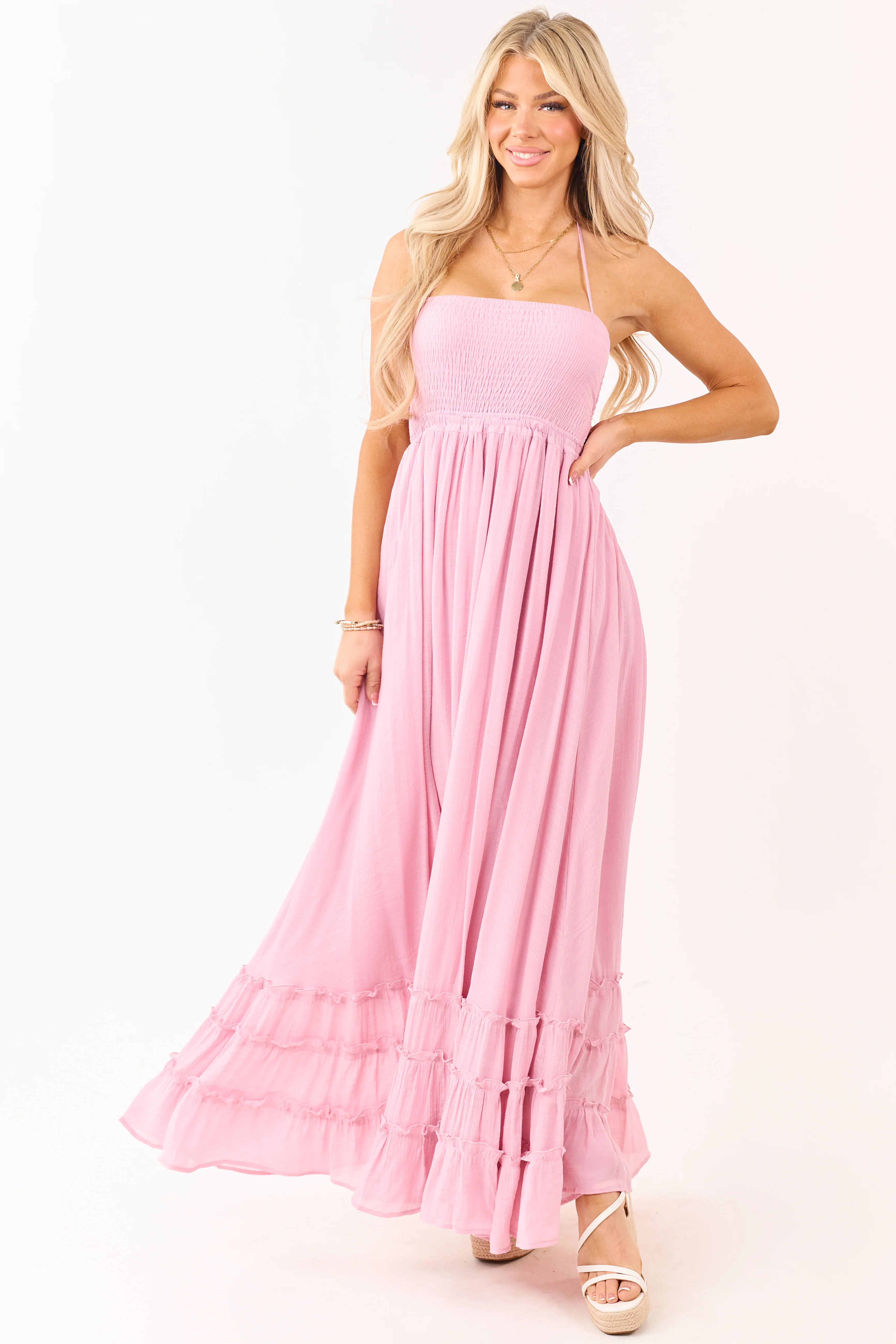 Baby Pink Smocked Open Back Halter Maxi Dress - Image 4