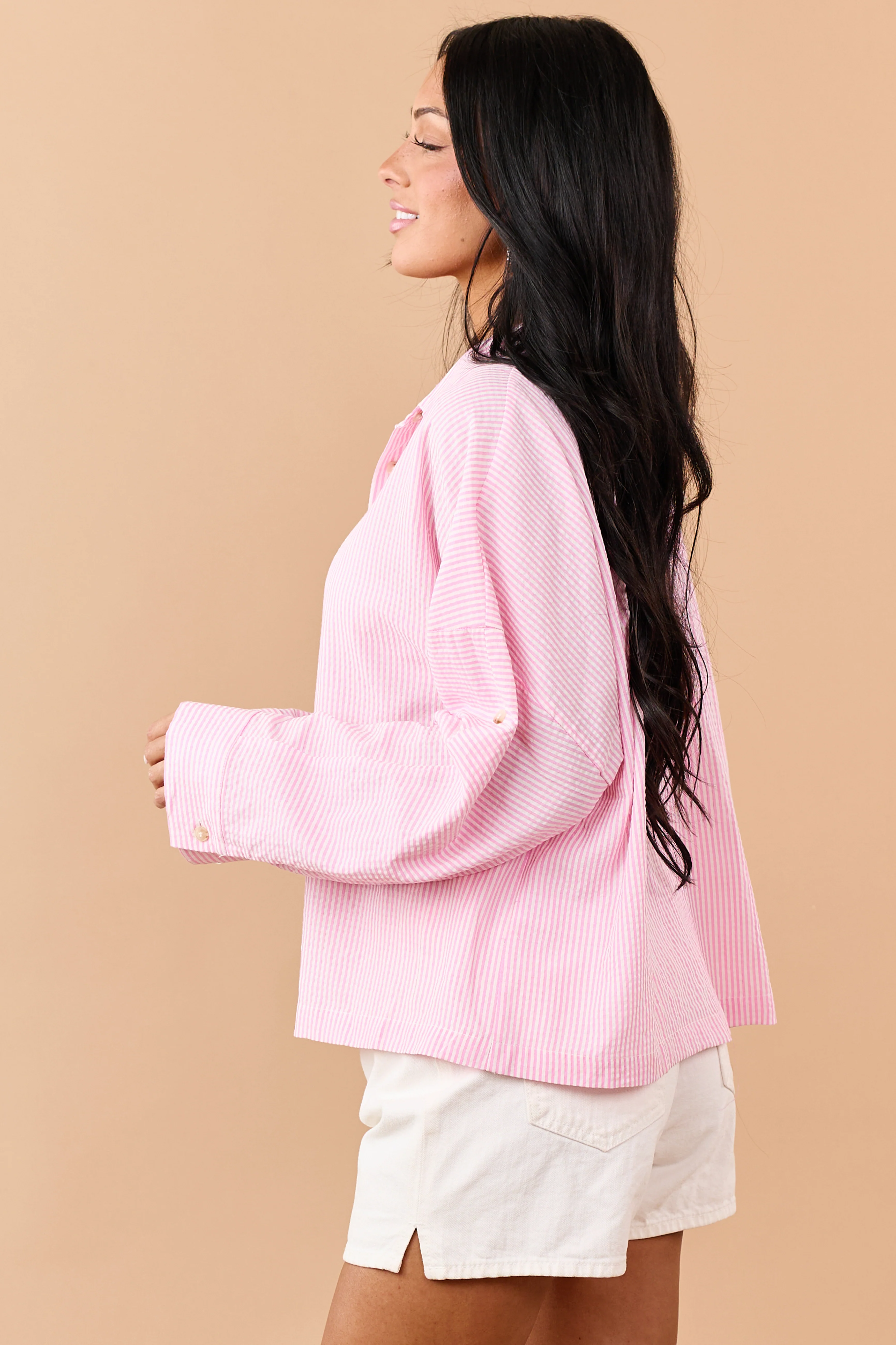 Baby Pink Striped Button Down Long Sleeve Top - Image 5