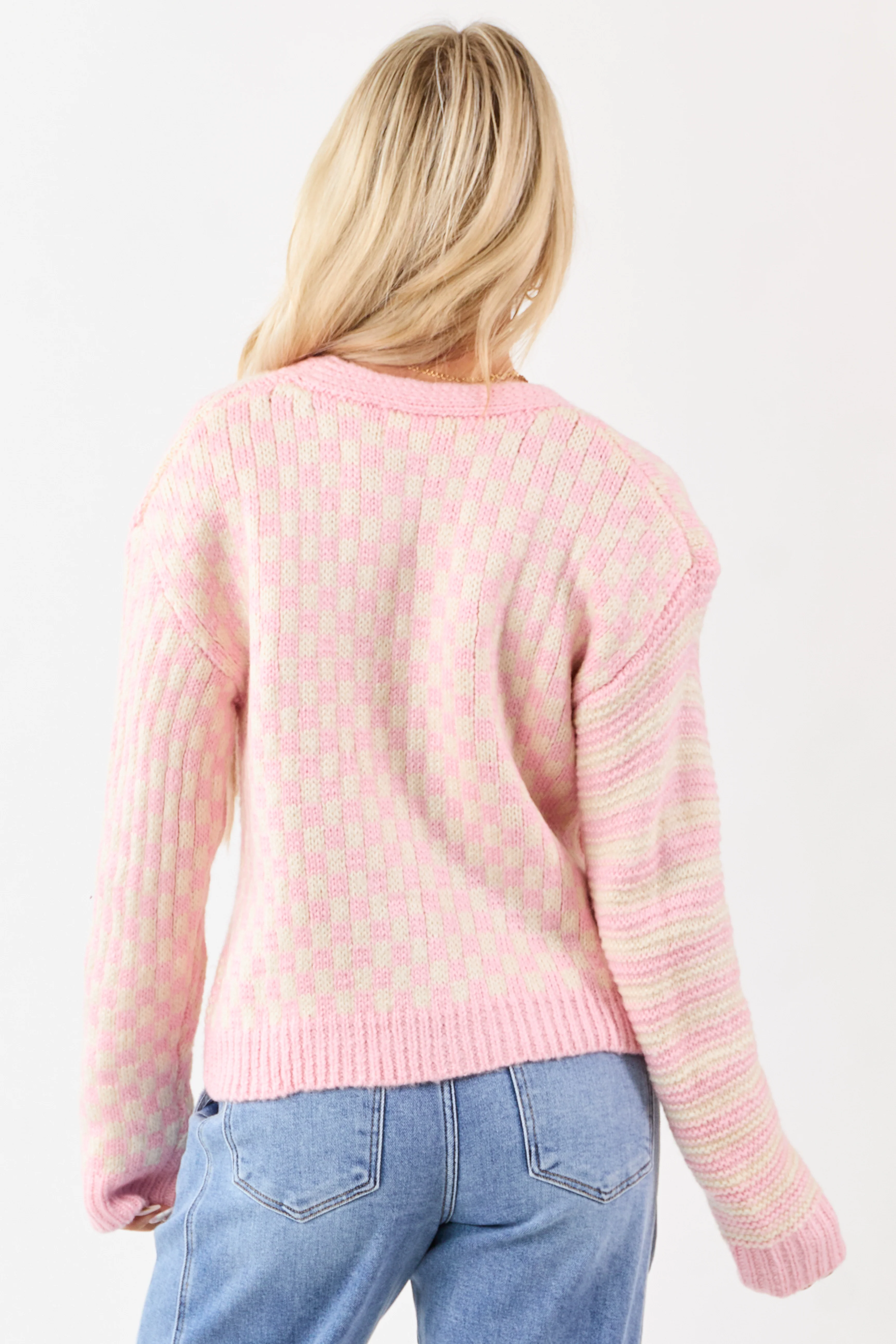 Baby Pink Striped and Checkered Cardigan - Image 7