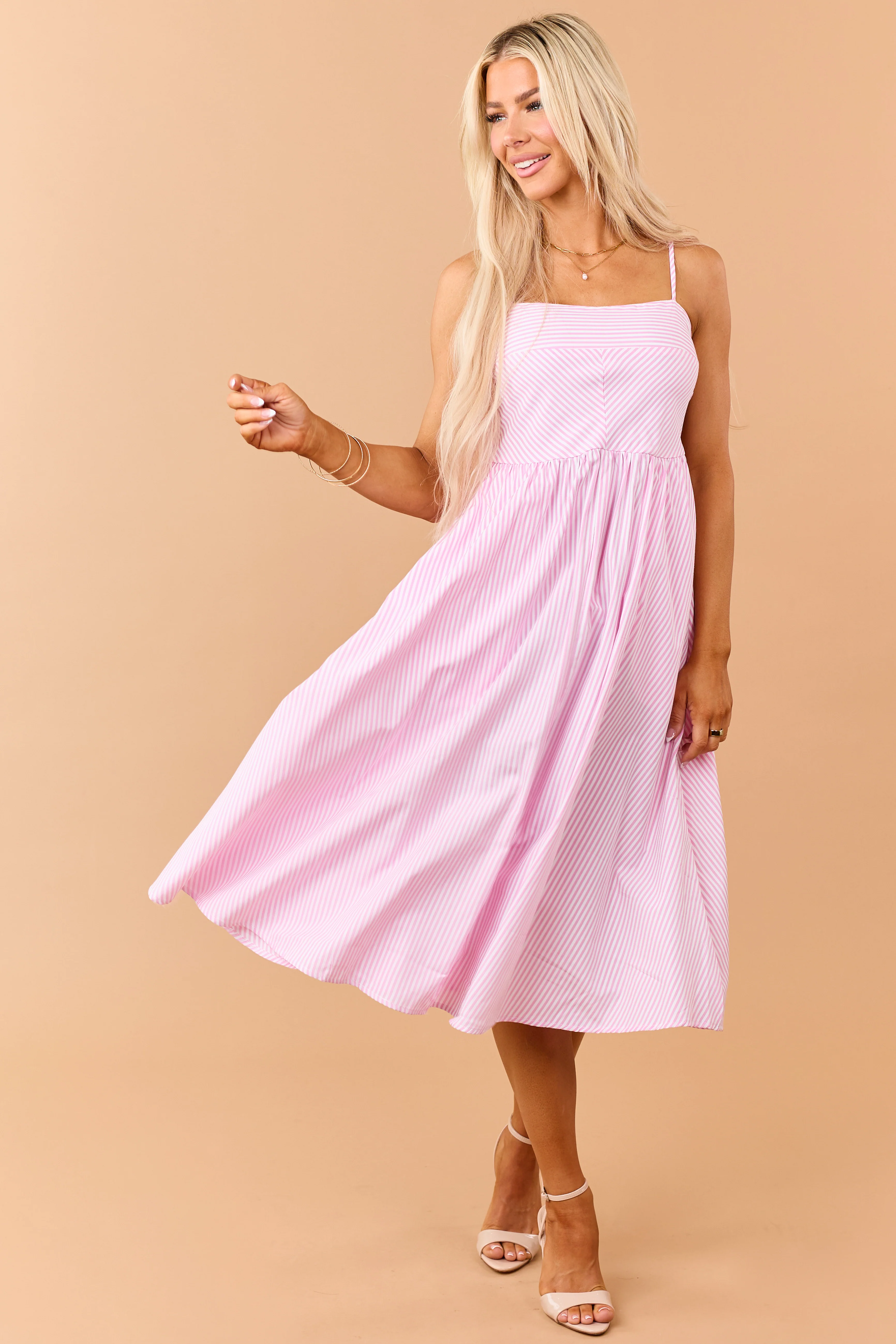 Baby Pink Striped Smocked Back Sleeveless Midi Dress - Image 3
