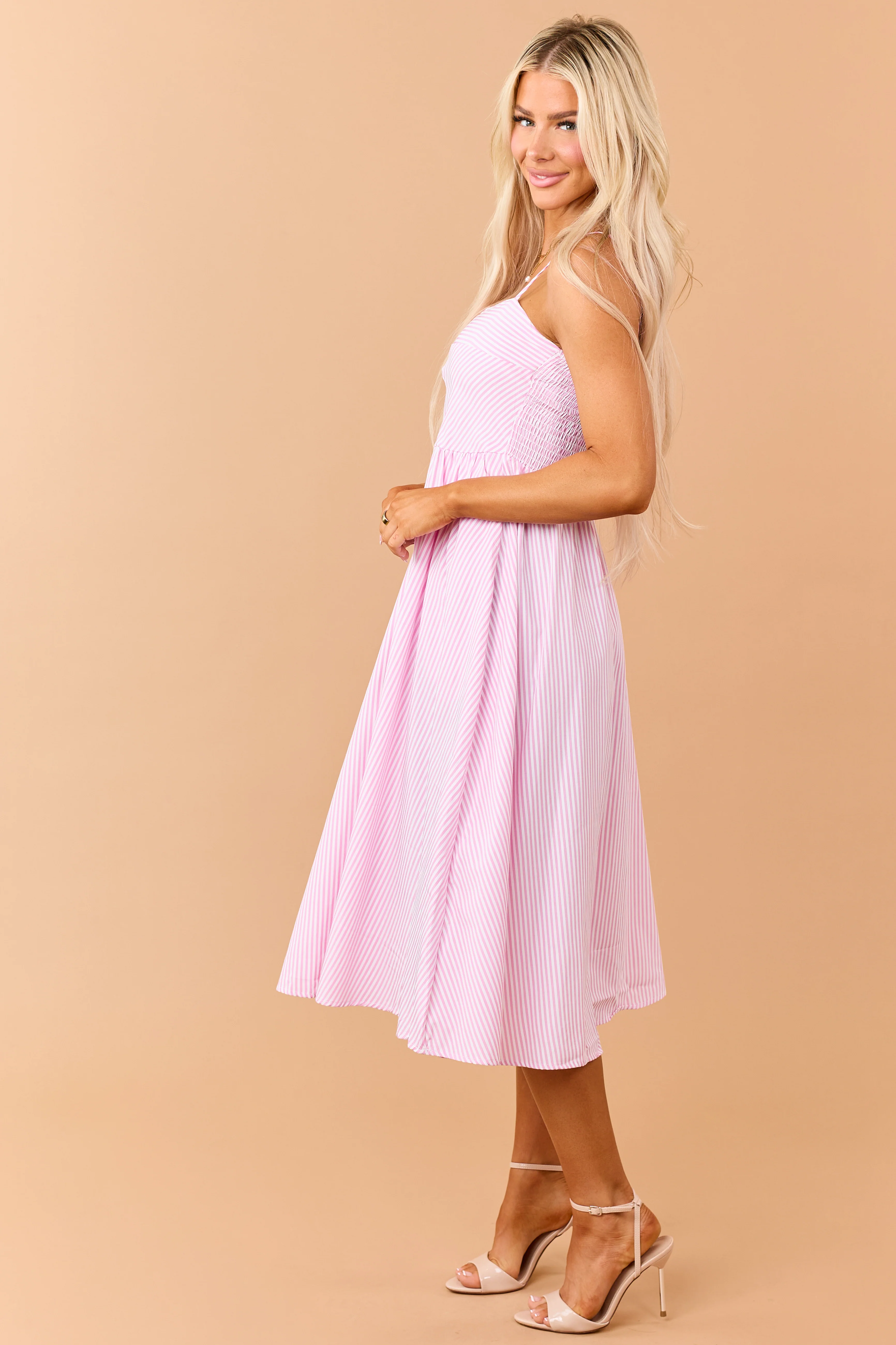 Baby Pink Striped Smocked Back Sleeveless Midi Dress - Image 4