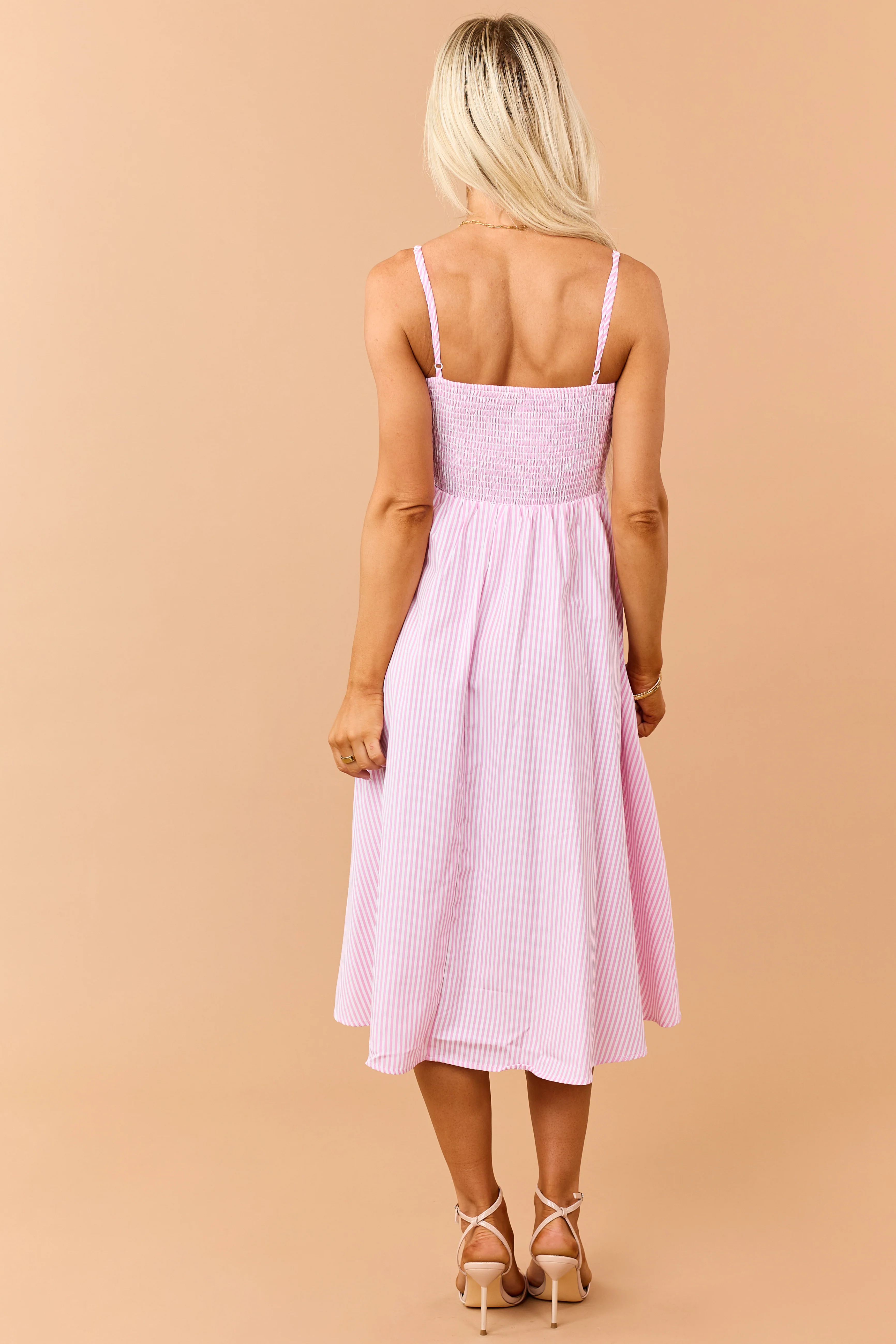 Baby Pink Striped Smocked Back Sleeveless Midi Dress - Image 5