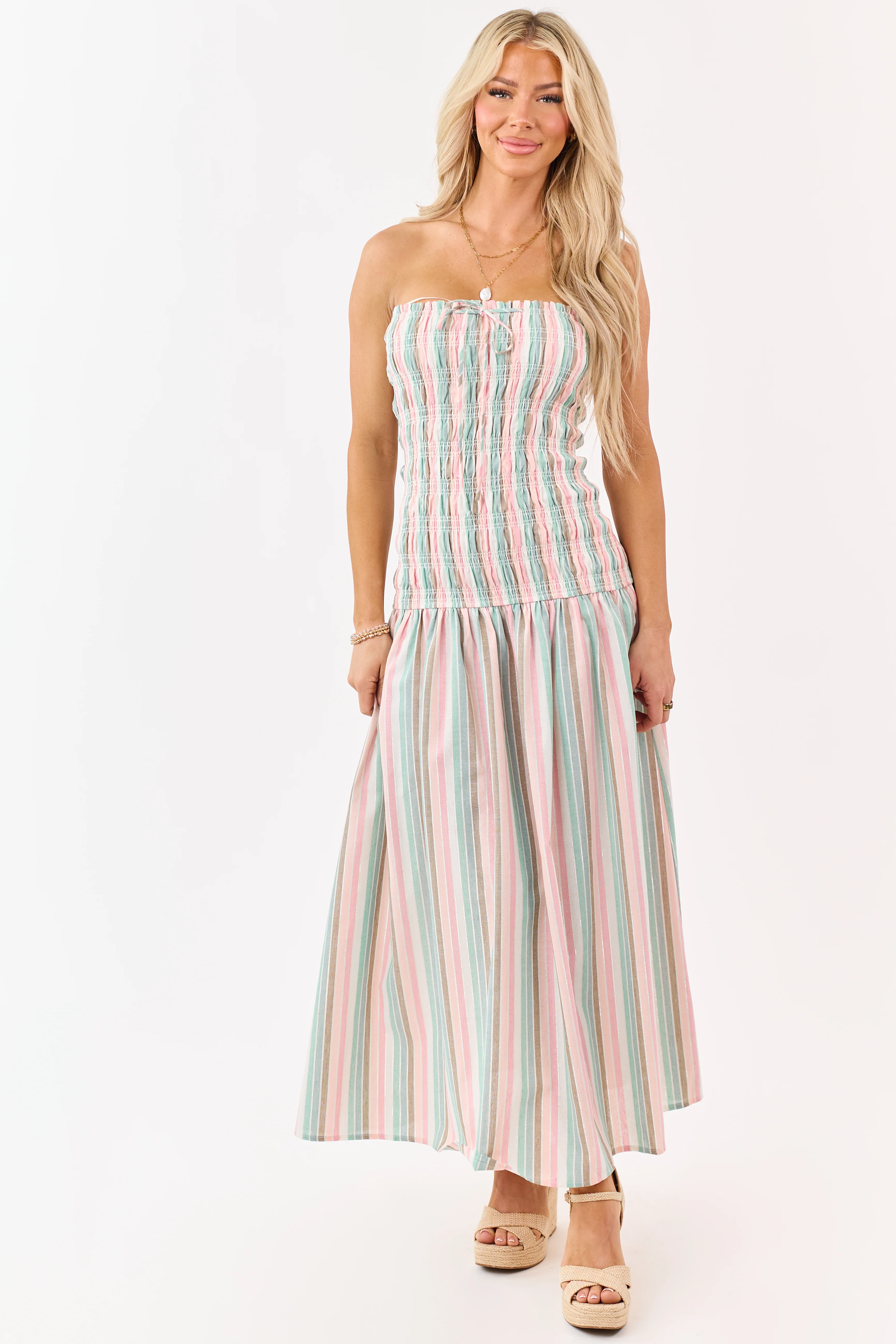 Baby Pink Striped Smocked Strapless Maxi Dress - Image 2