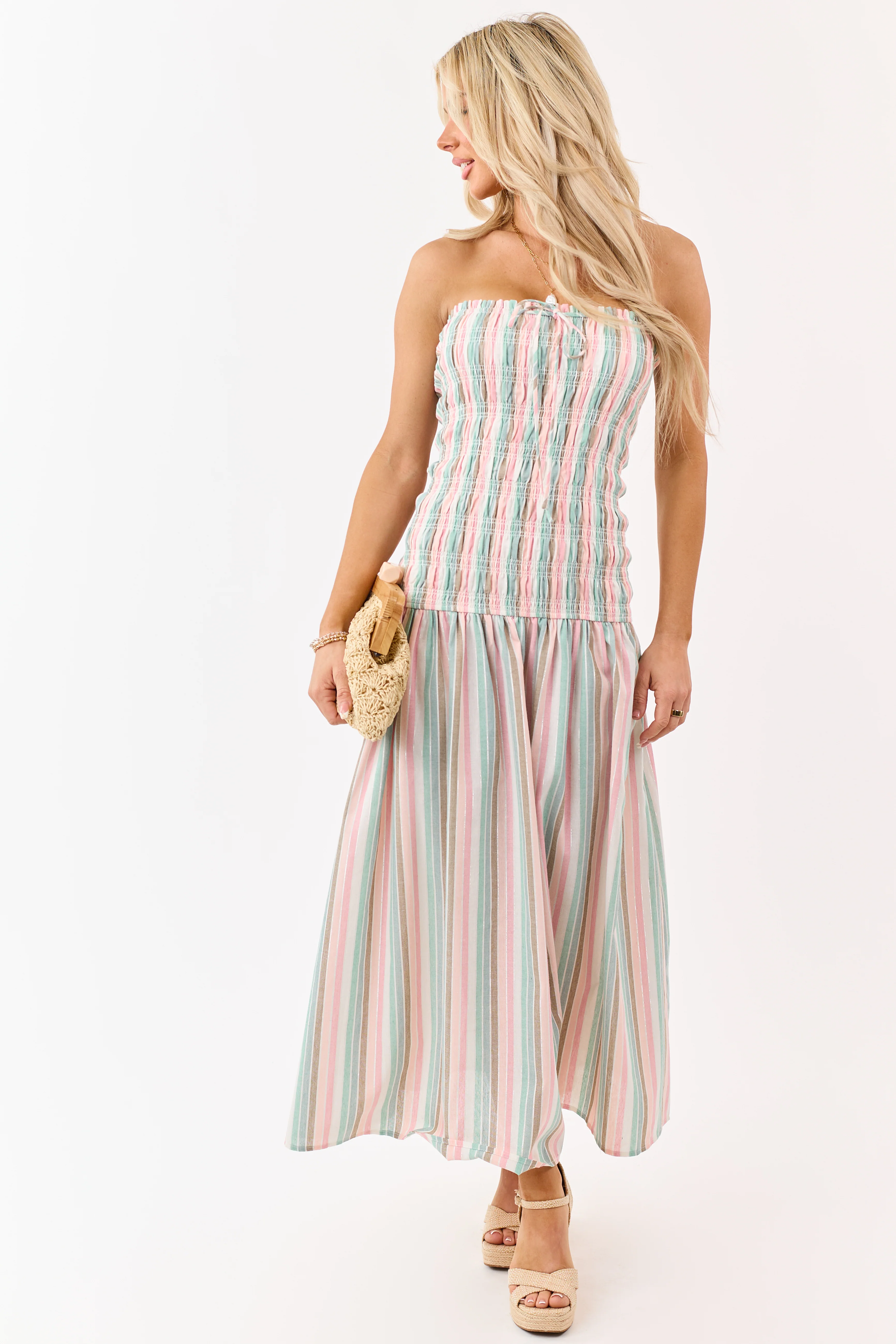 Baby Pink Striped Smocked Strapless Maxi Dress - Image 3
