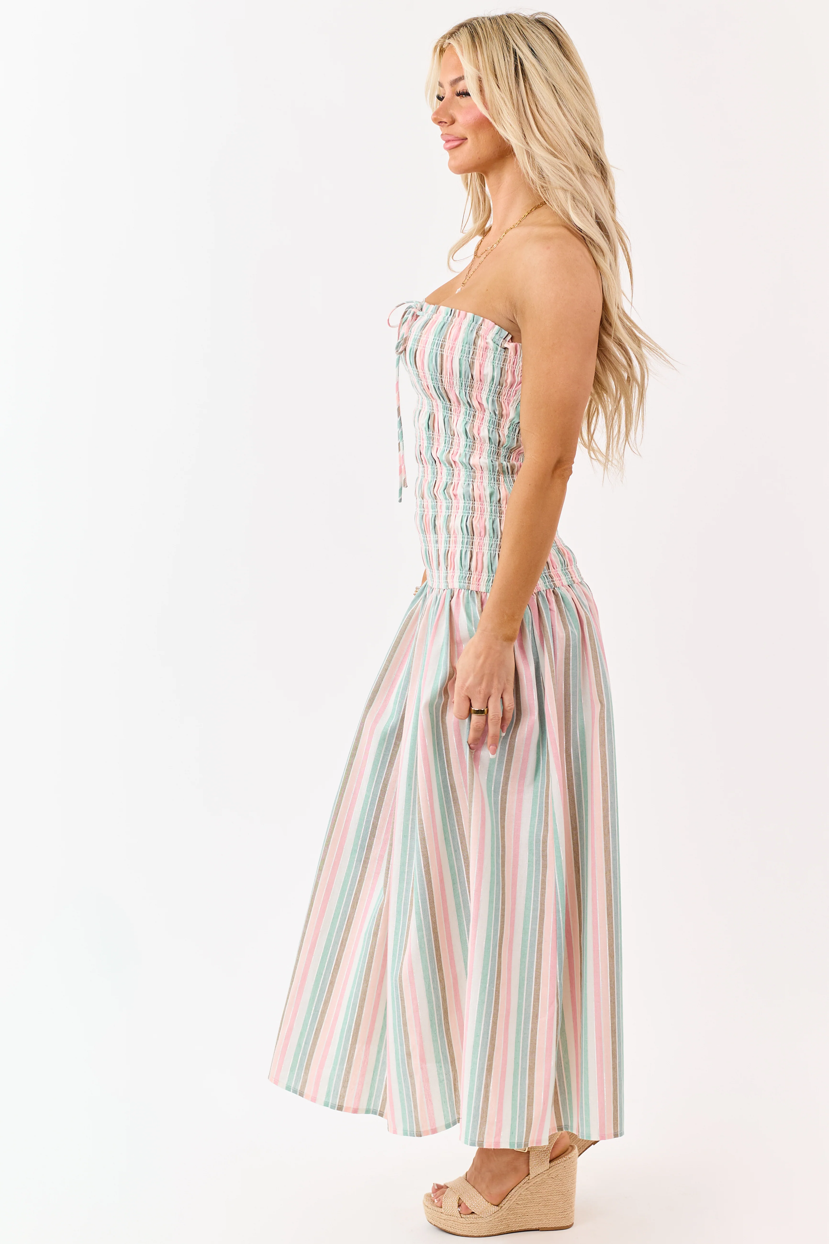 Baby Pink Striped Smocked Strapless Maxi Dress - Image 4