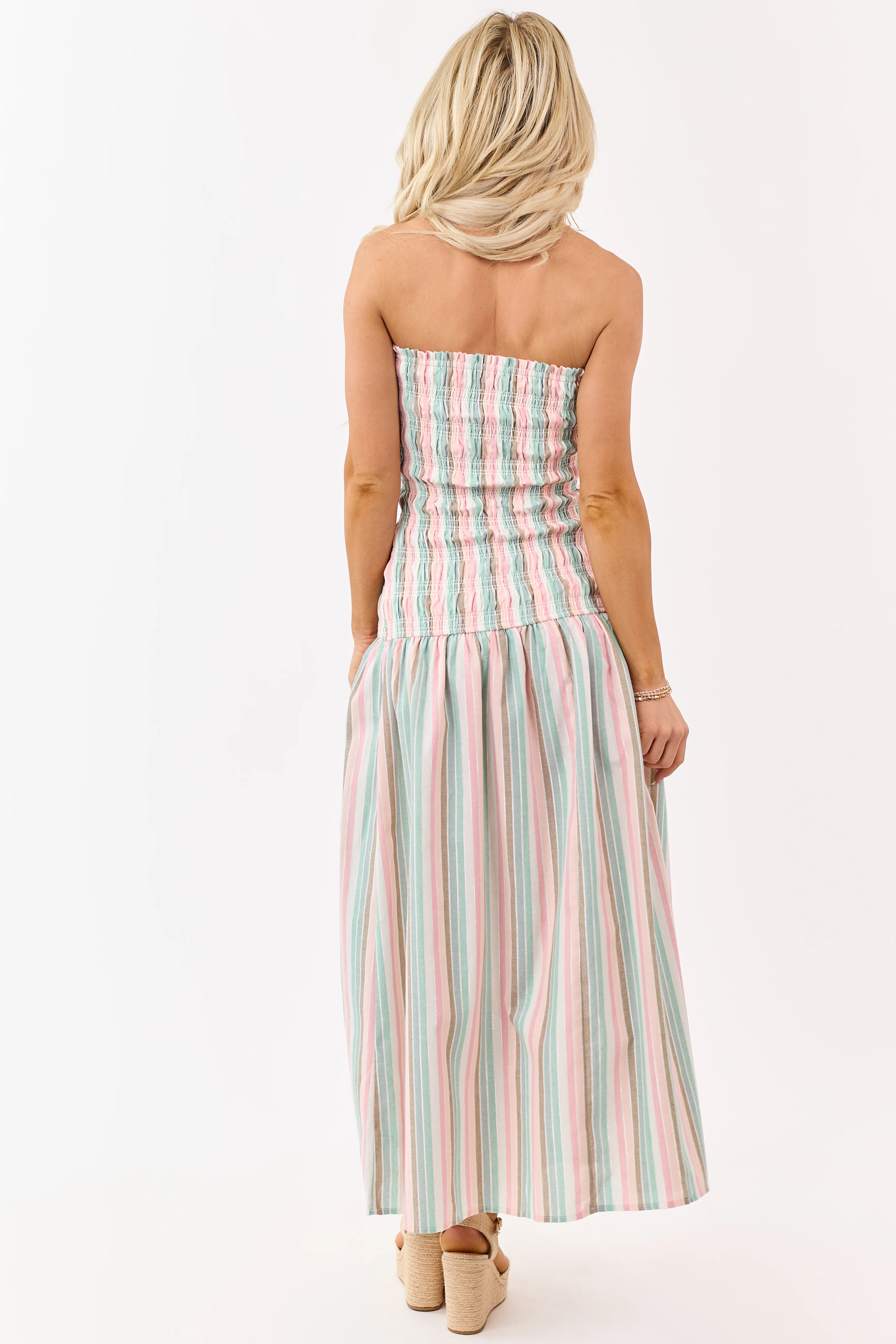 Baby Pink Striped Smocked Strapless Maxi Dress - Image 5
