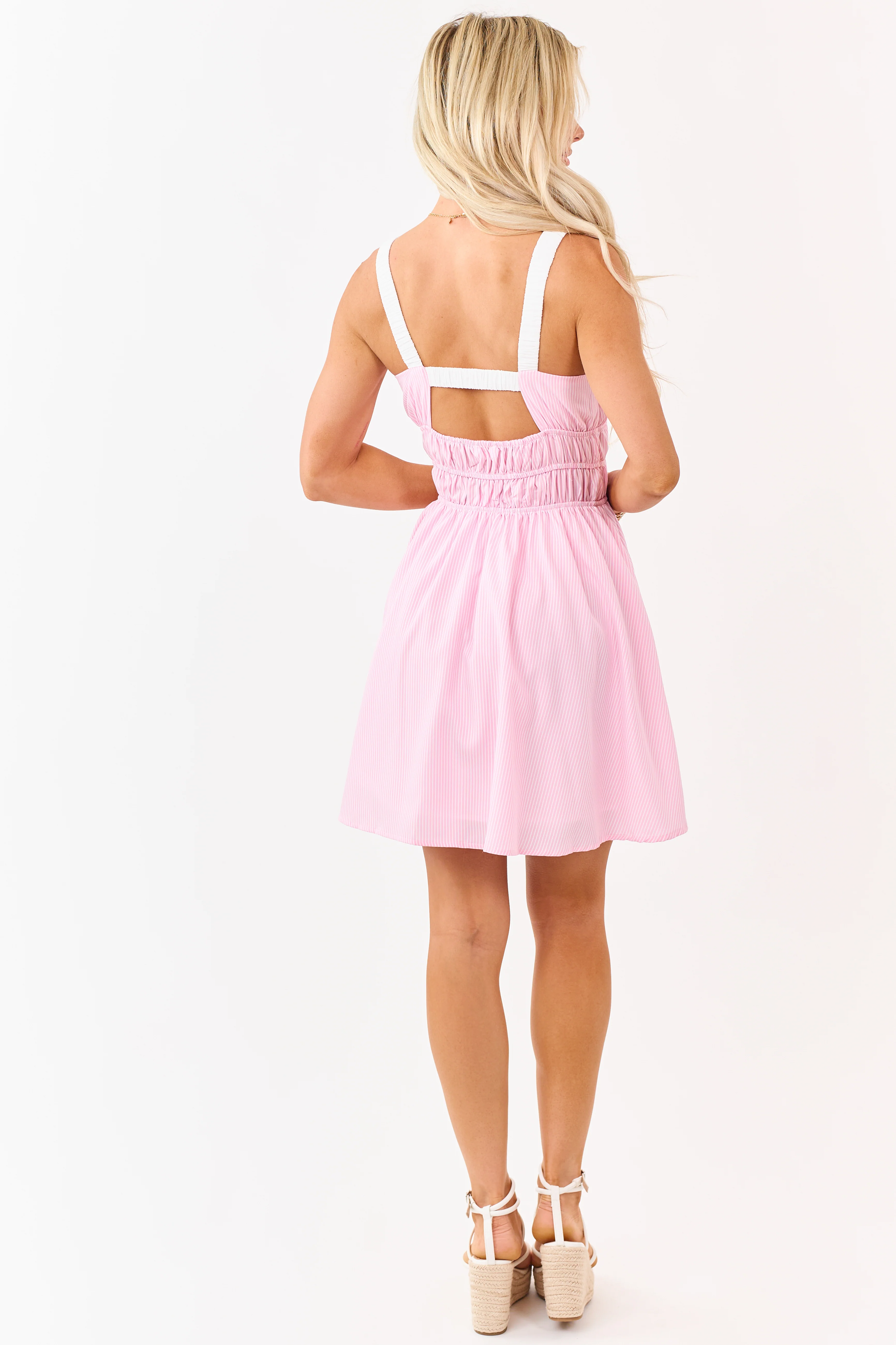 Baby Pink and White Pin Striped Sleeveless Mini Dress - Image 5