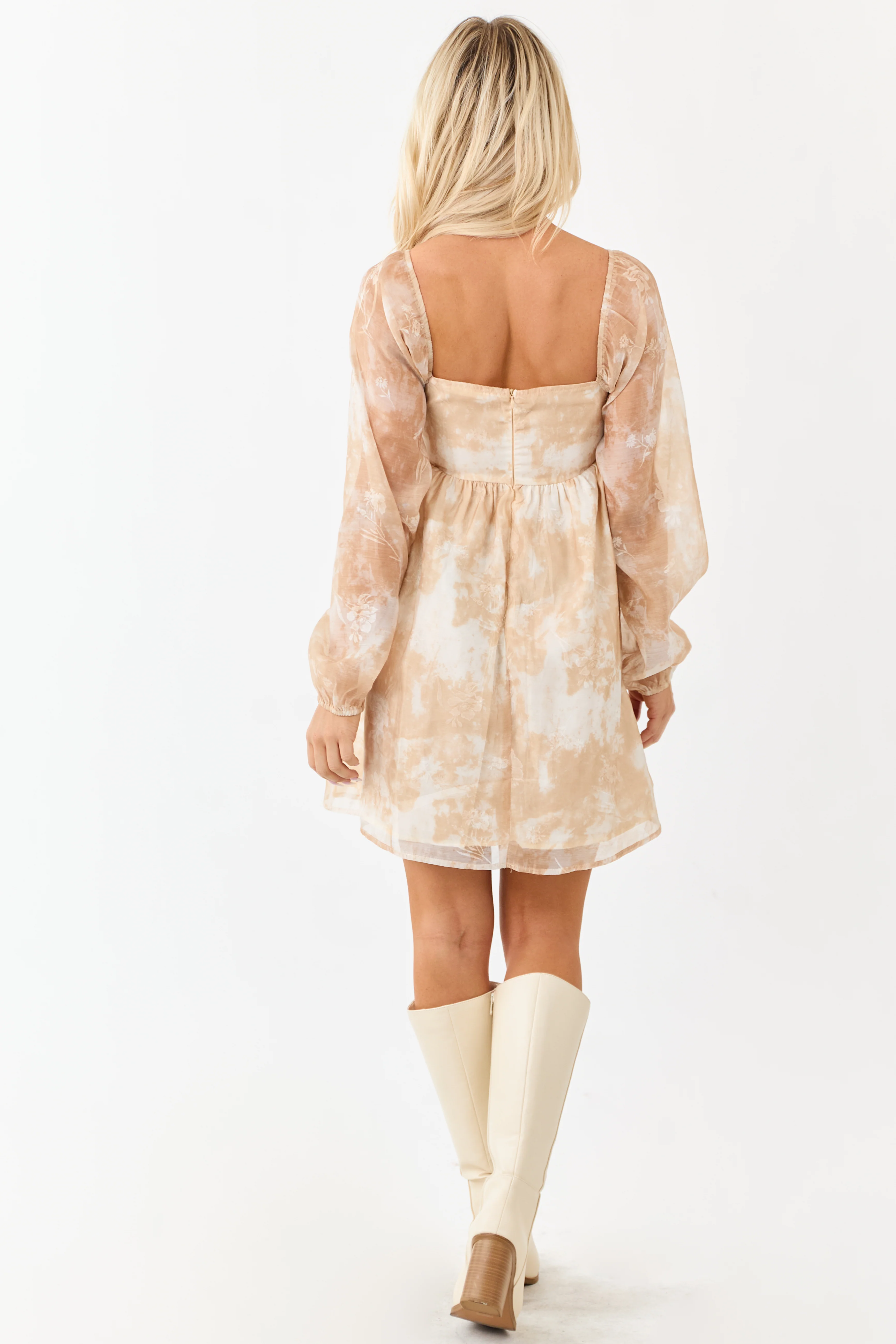 Beige Chiffon Floral Pleated Babydoll Mini Dress - Image 7