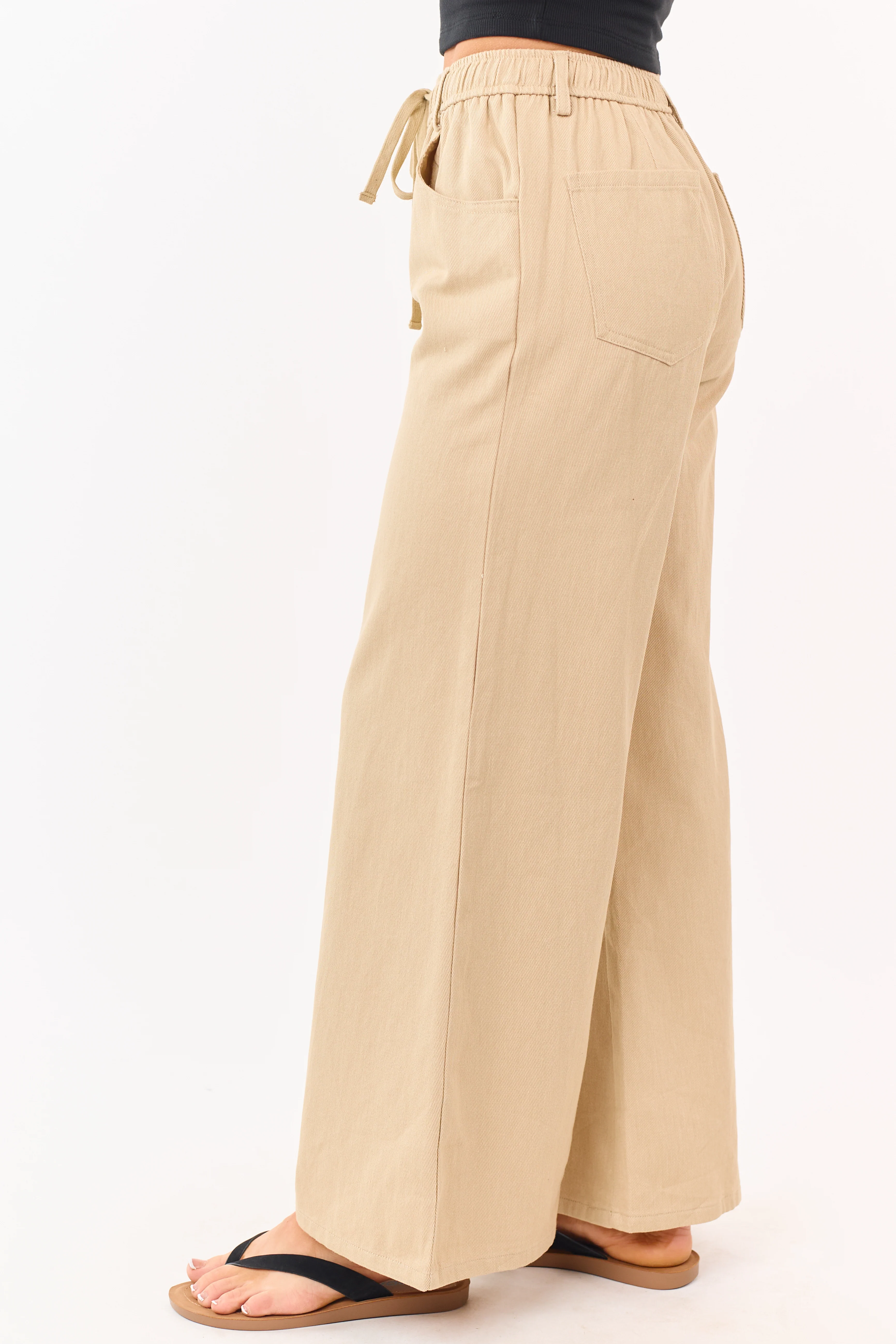 Beige Denim Elastic Waist Wide Leg Pants - Image 3