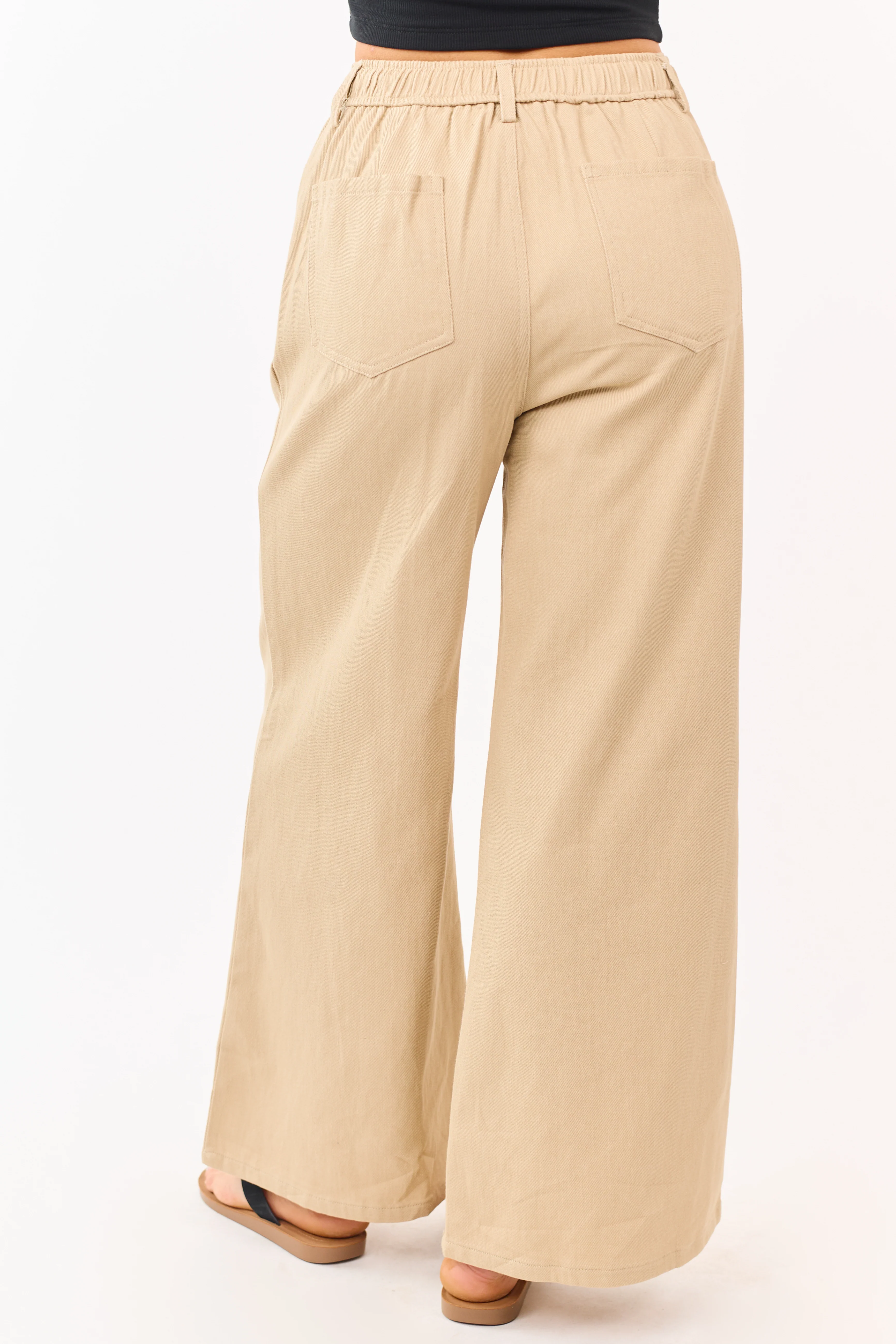 Beige Denim Elastic Waist Wide Leg Pants - Image 4