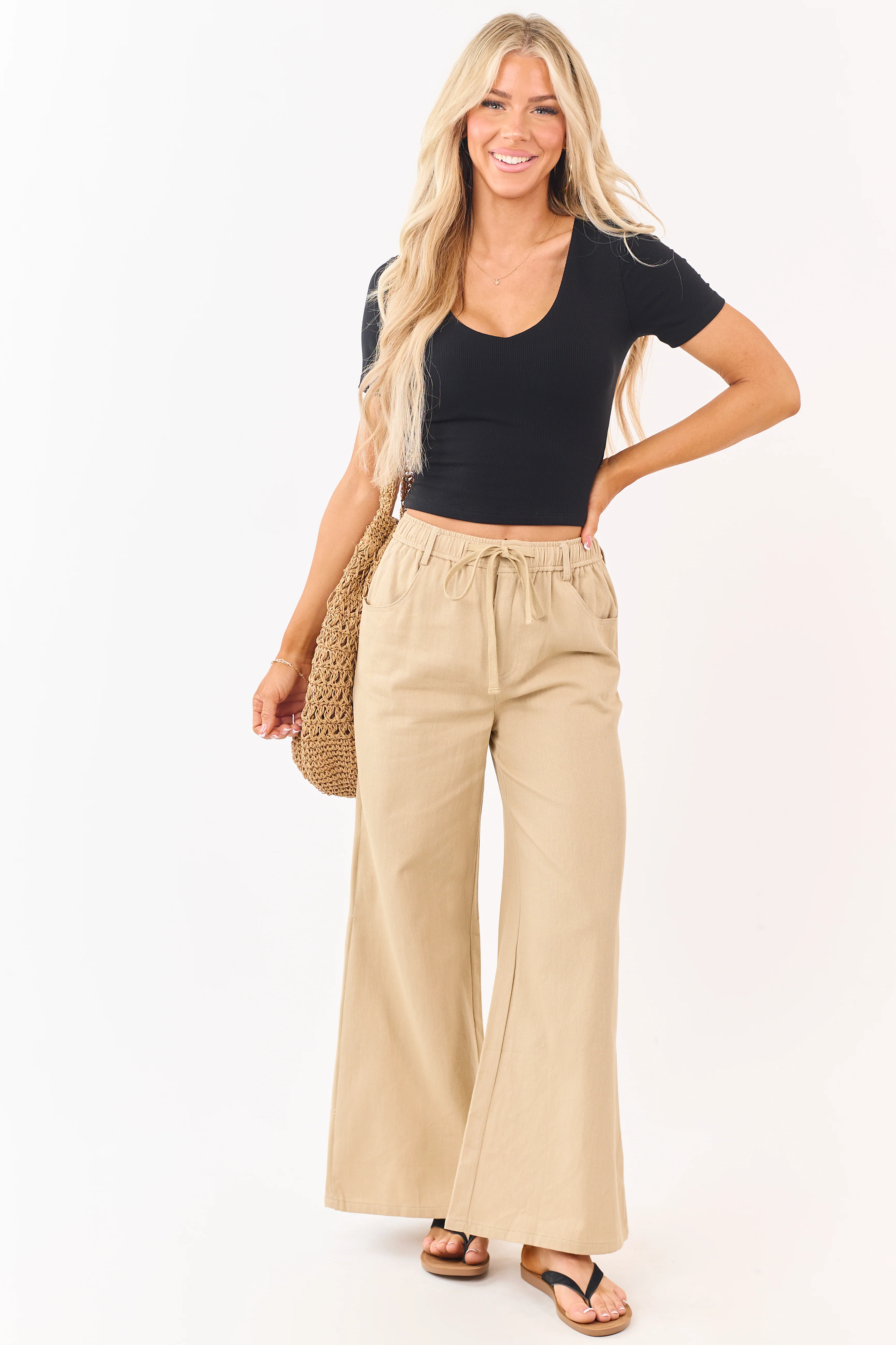 Beige Denim Elastic Waist Wide Leg Pants - Image 5
