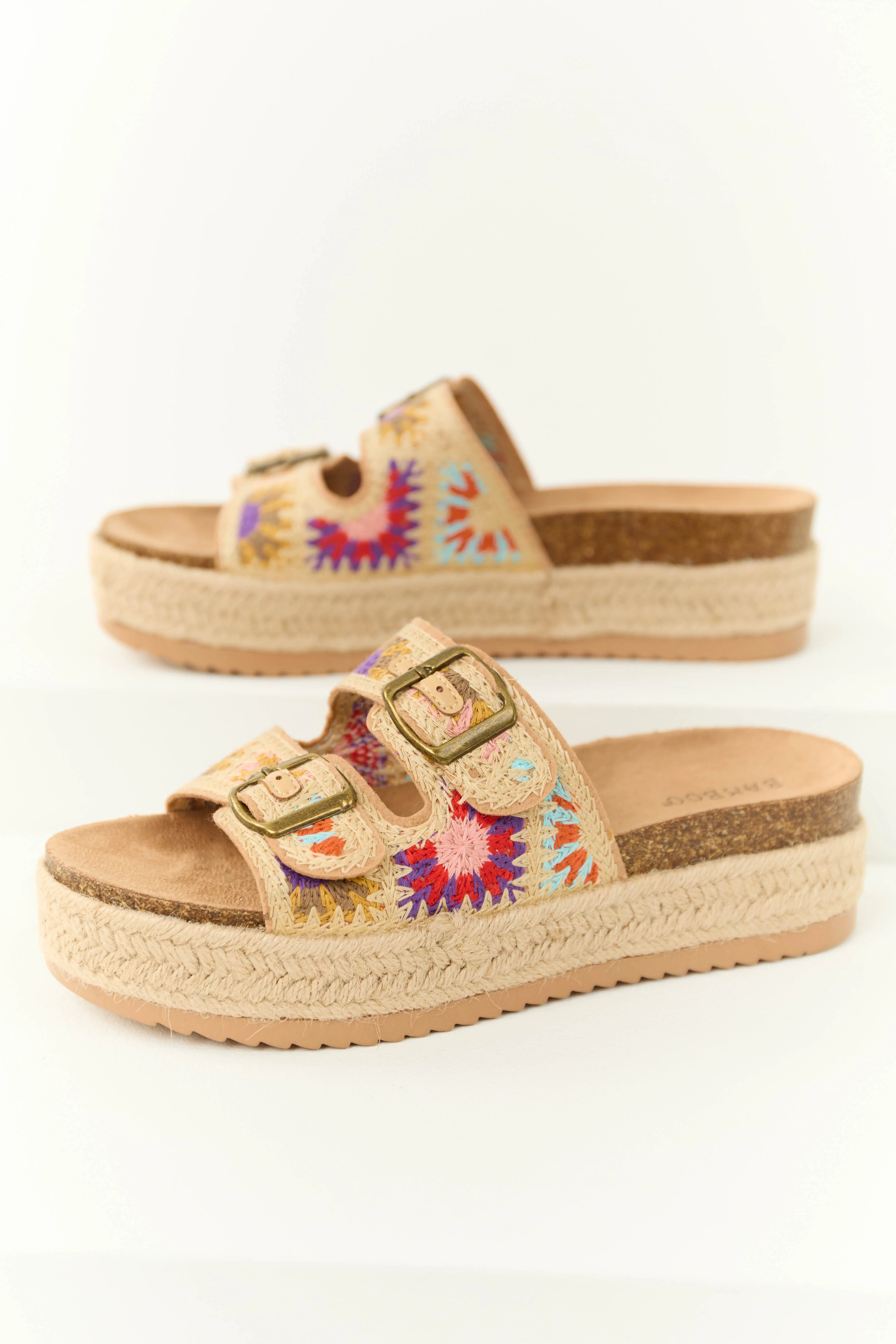 Beige Embroidered Woven Platform Buckle Sandal - Image 2