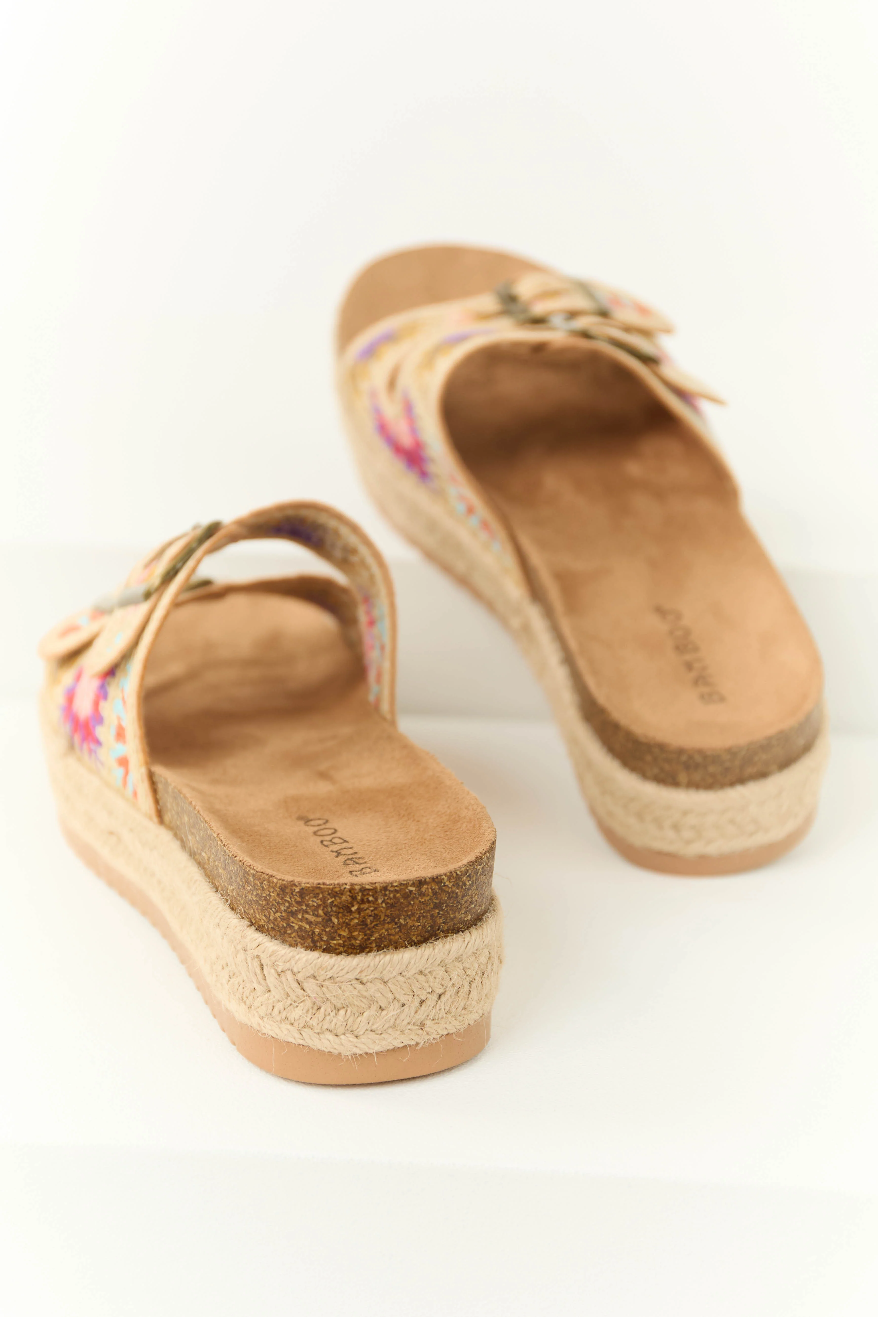 Beige Embroidered Woven Platform Buckle Sandal - Image 3