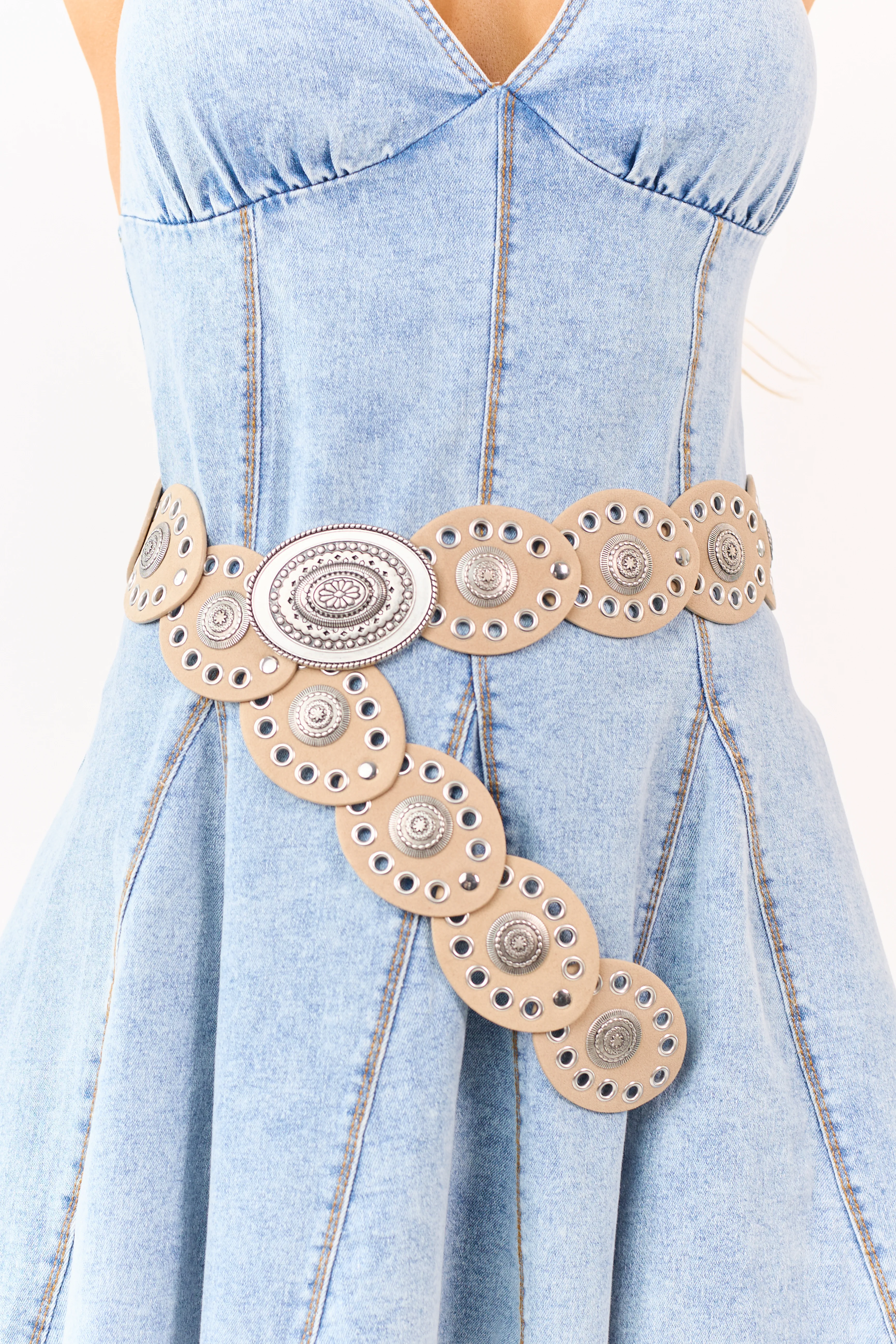 Beige Large Ornate Oval Disc Faux Leather Belt