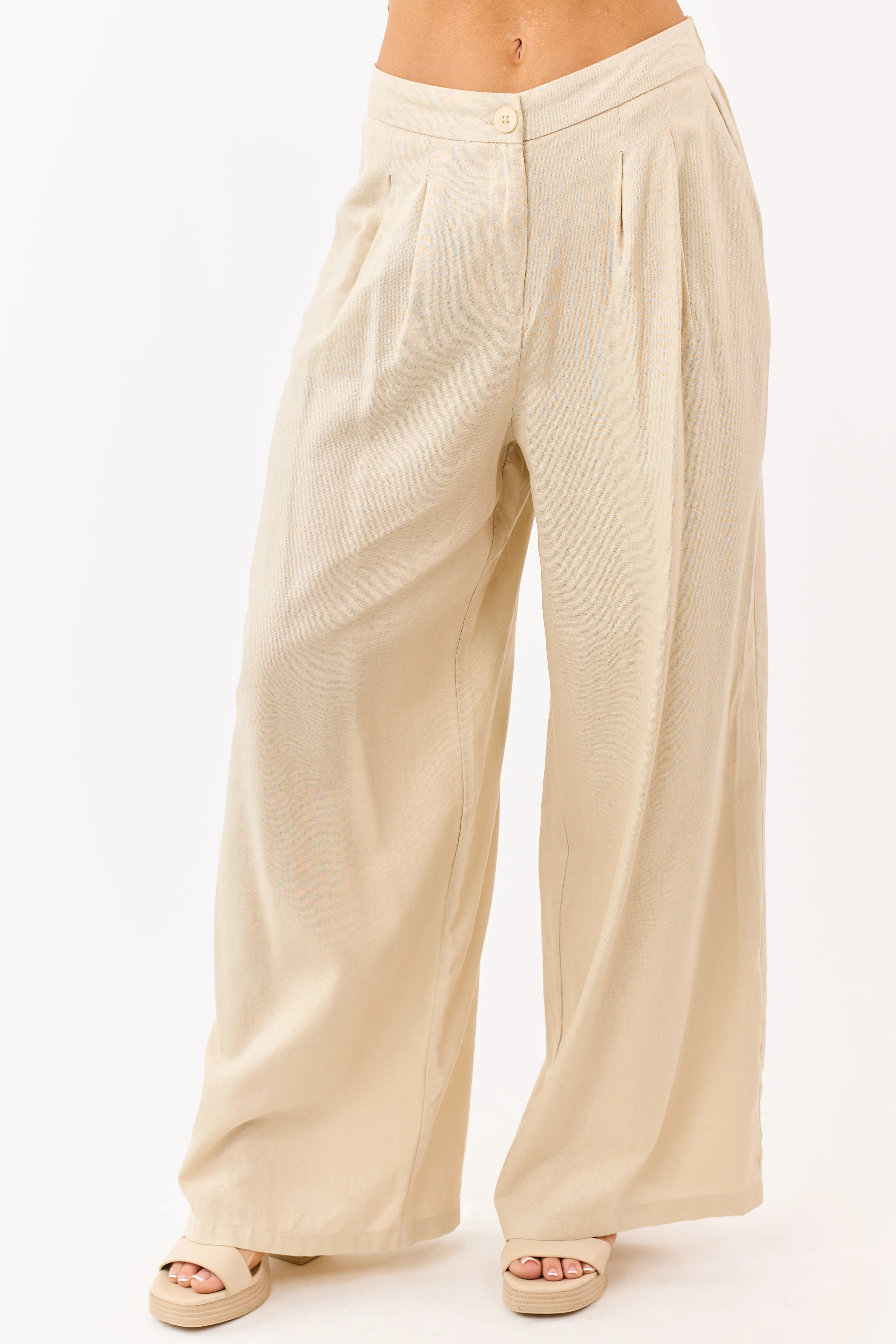 Beige Linen Blend Pleated Wide Leg Pants - Image 2