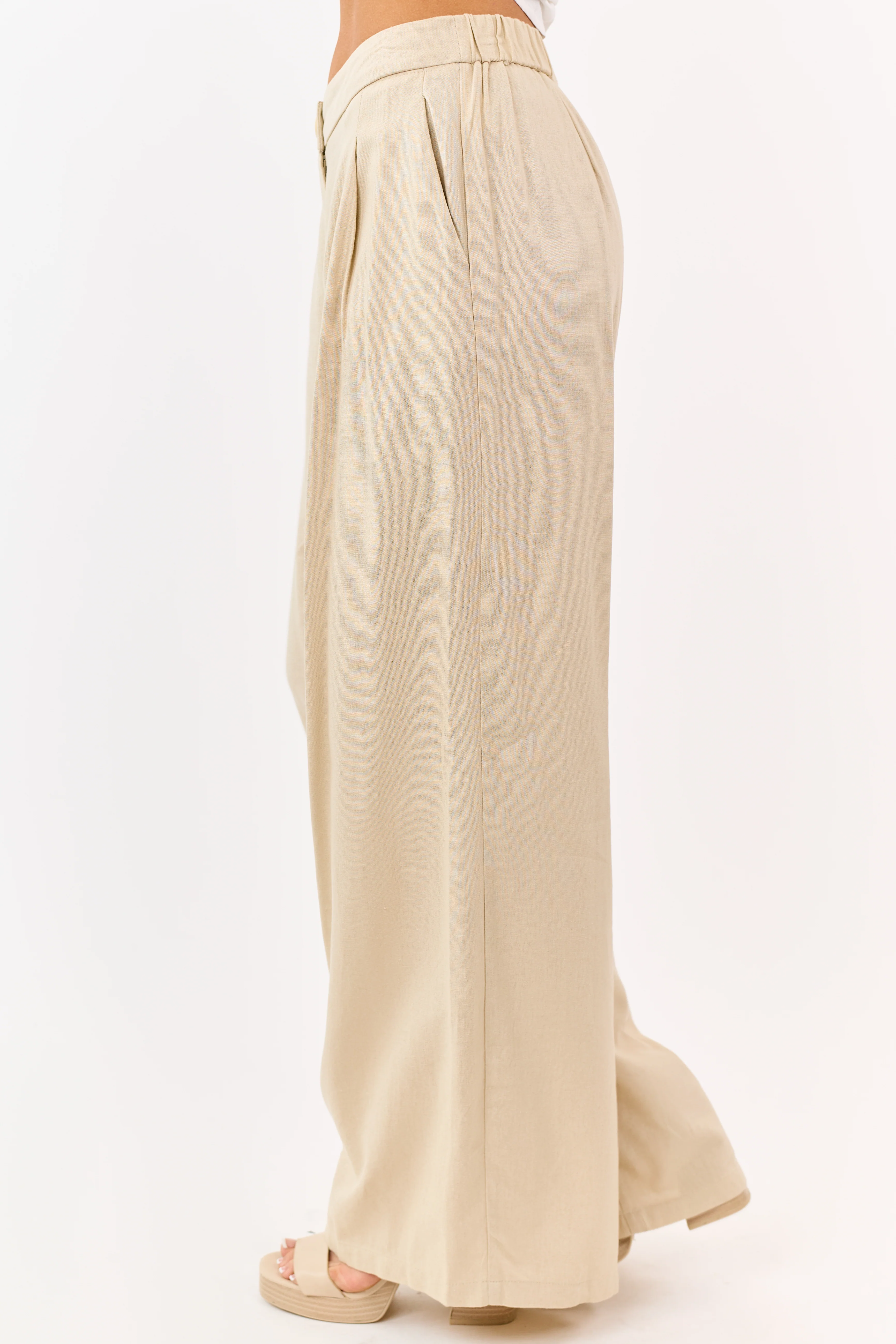 Beige Linen Blend Pleated Wide Leg Pants - Image 3