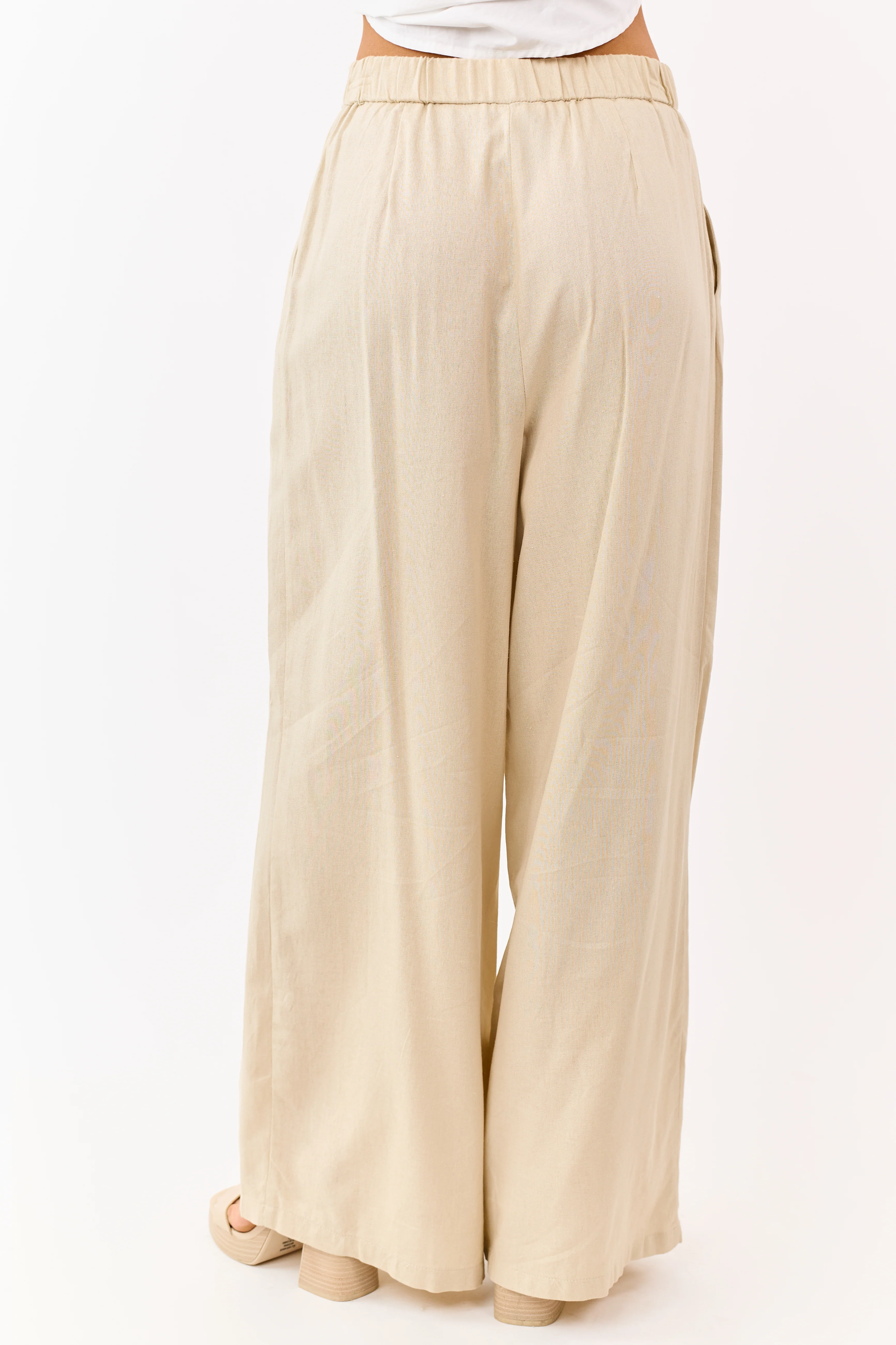Beige Linen Blend Pleated Wide Leg Pants - Image 4