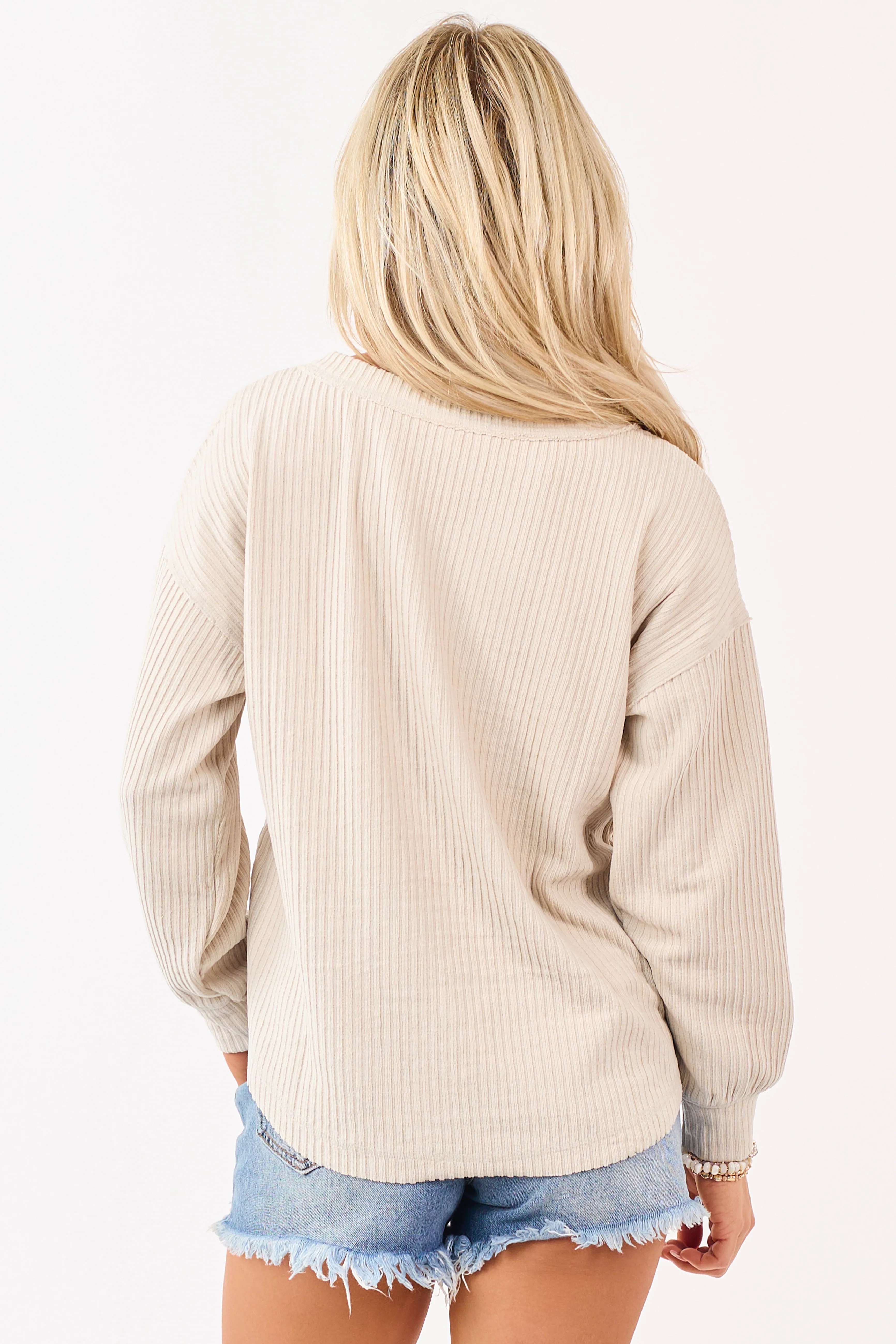 Beige Long Sleeve Knit Henley Top - Image 5
