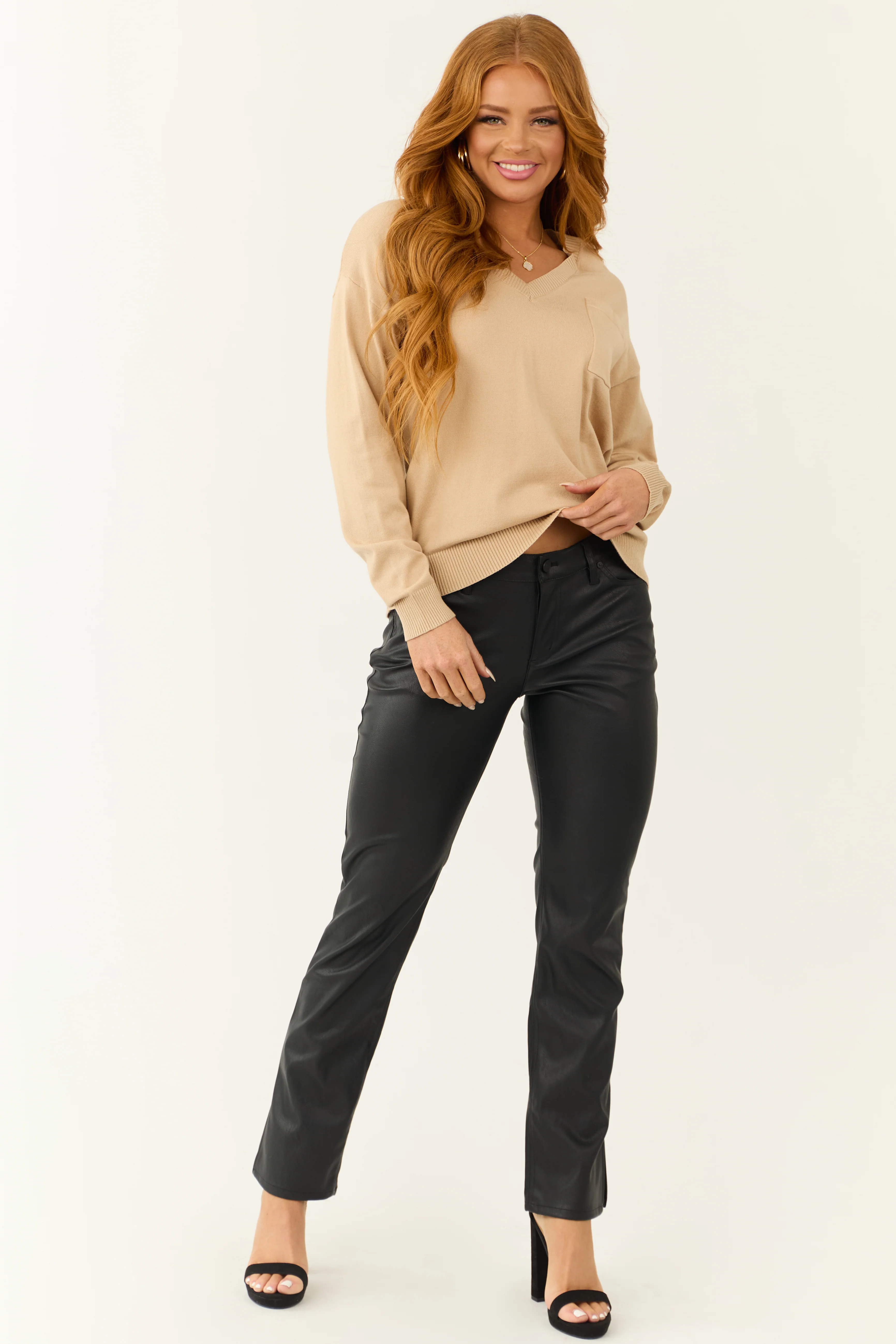 Beige Long Sleeve V Neck Chest Pocket Sweater - Image 3