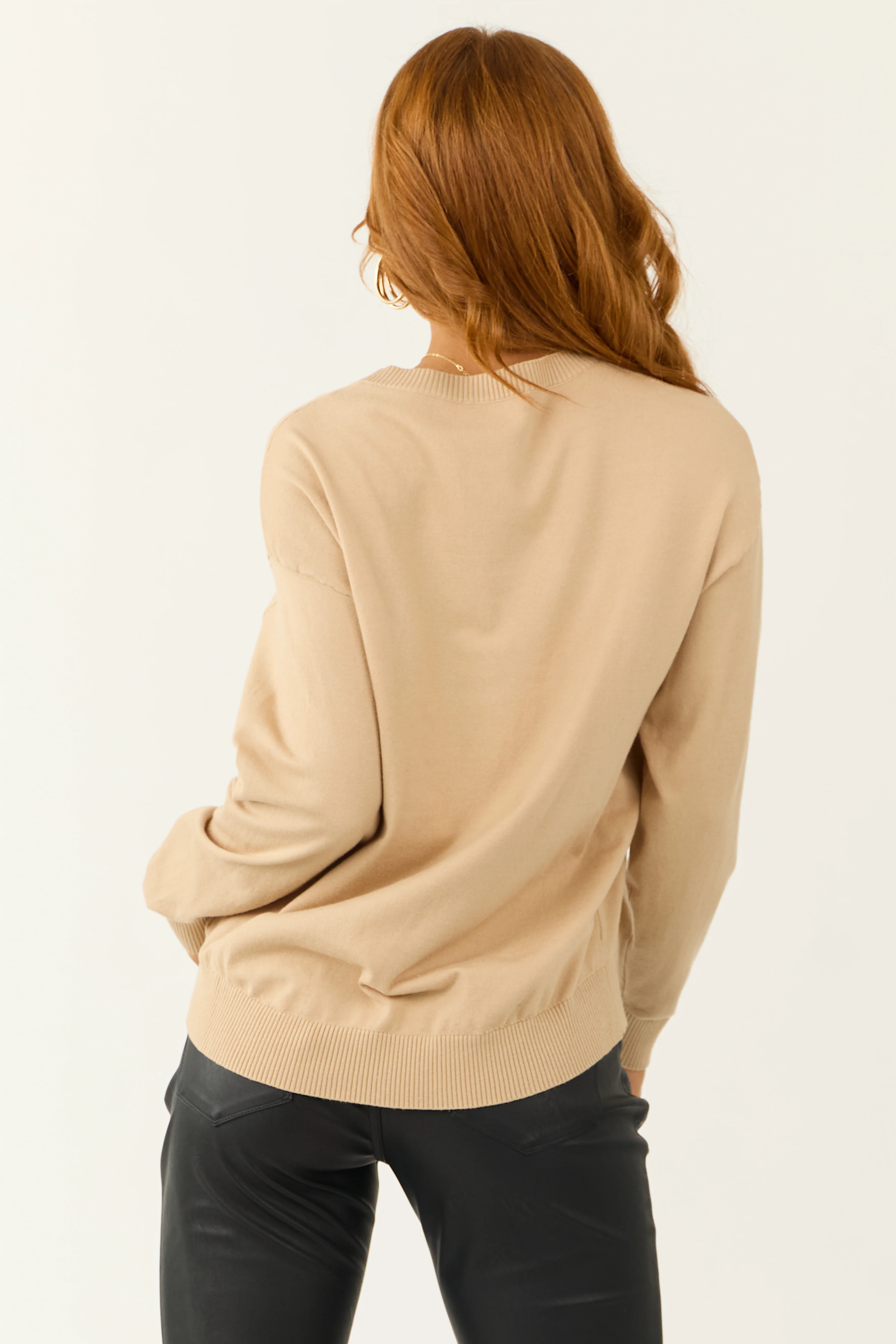 Beige Long Sleeve V Neck Chest Pocket Sweater - Image 5