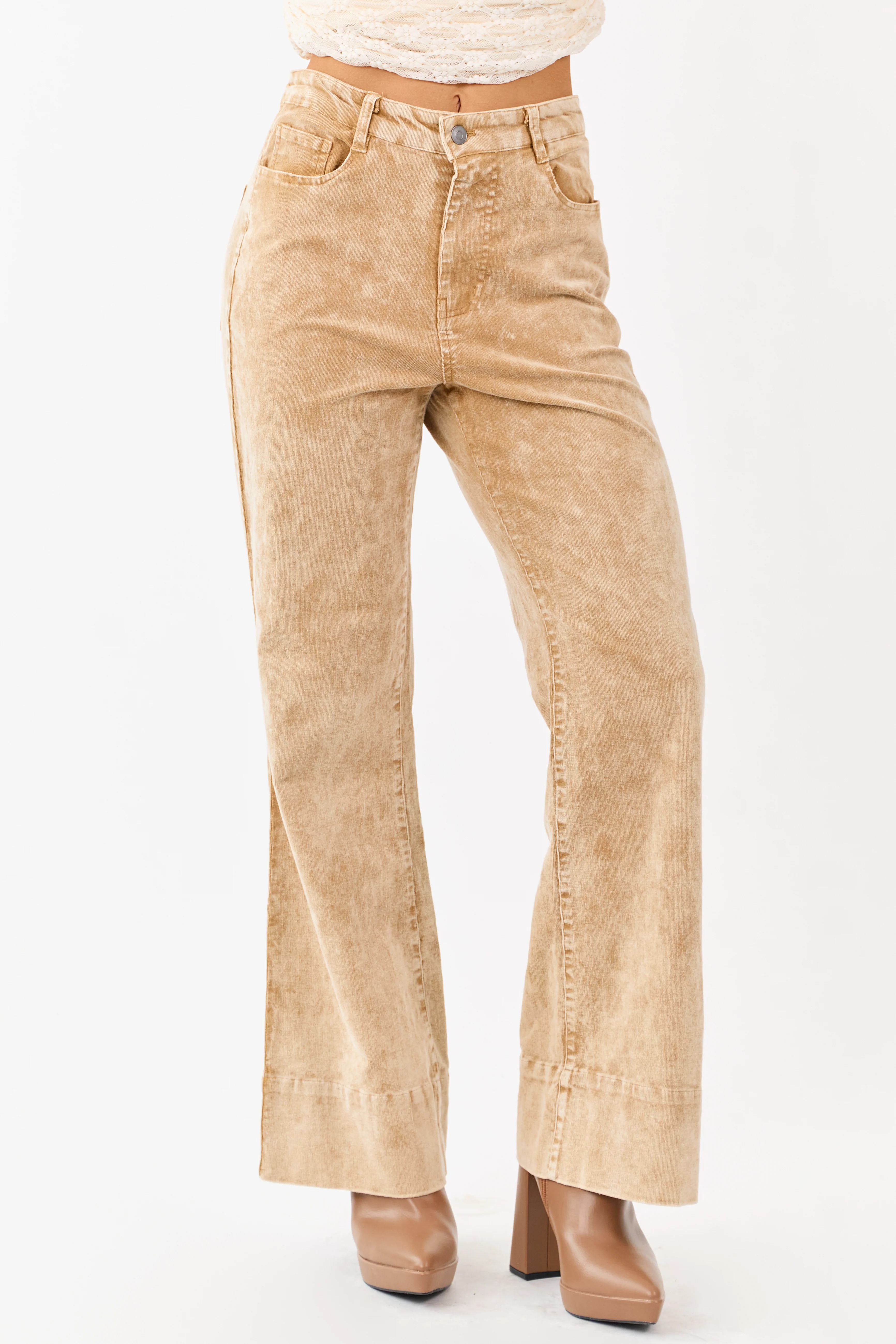 Beige Mineral Wash Corduroy Flare Pants