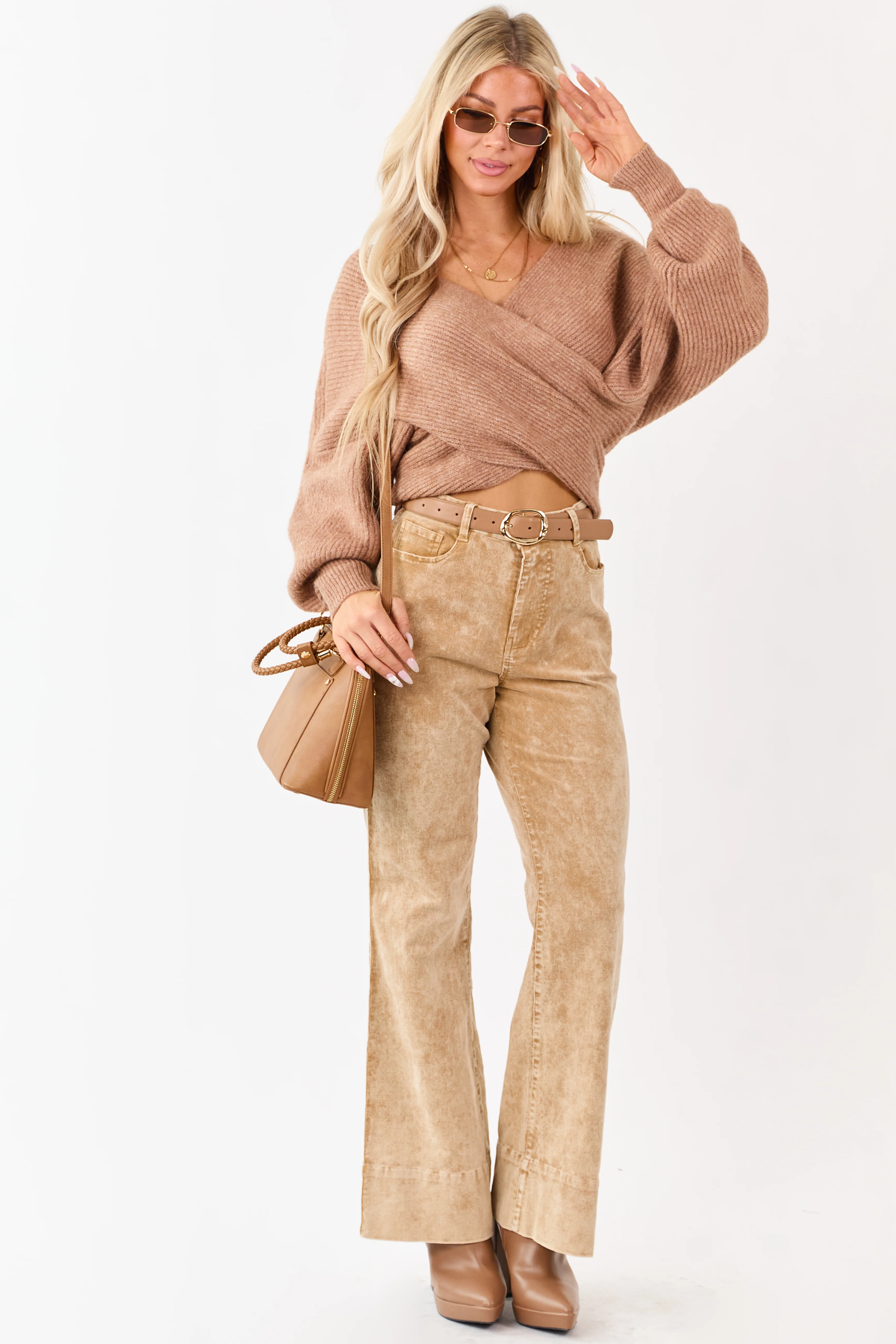Beige Mineral Wash Corduroy Flare Pants - Image 6