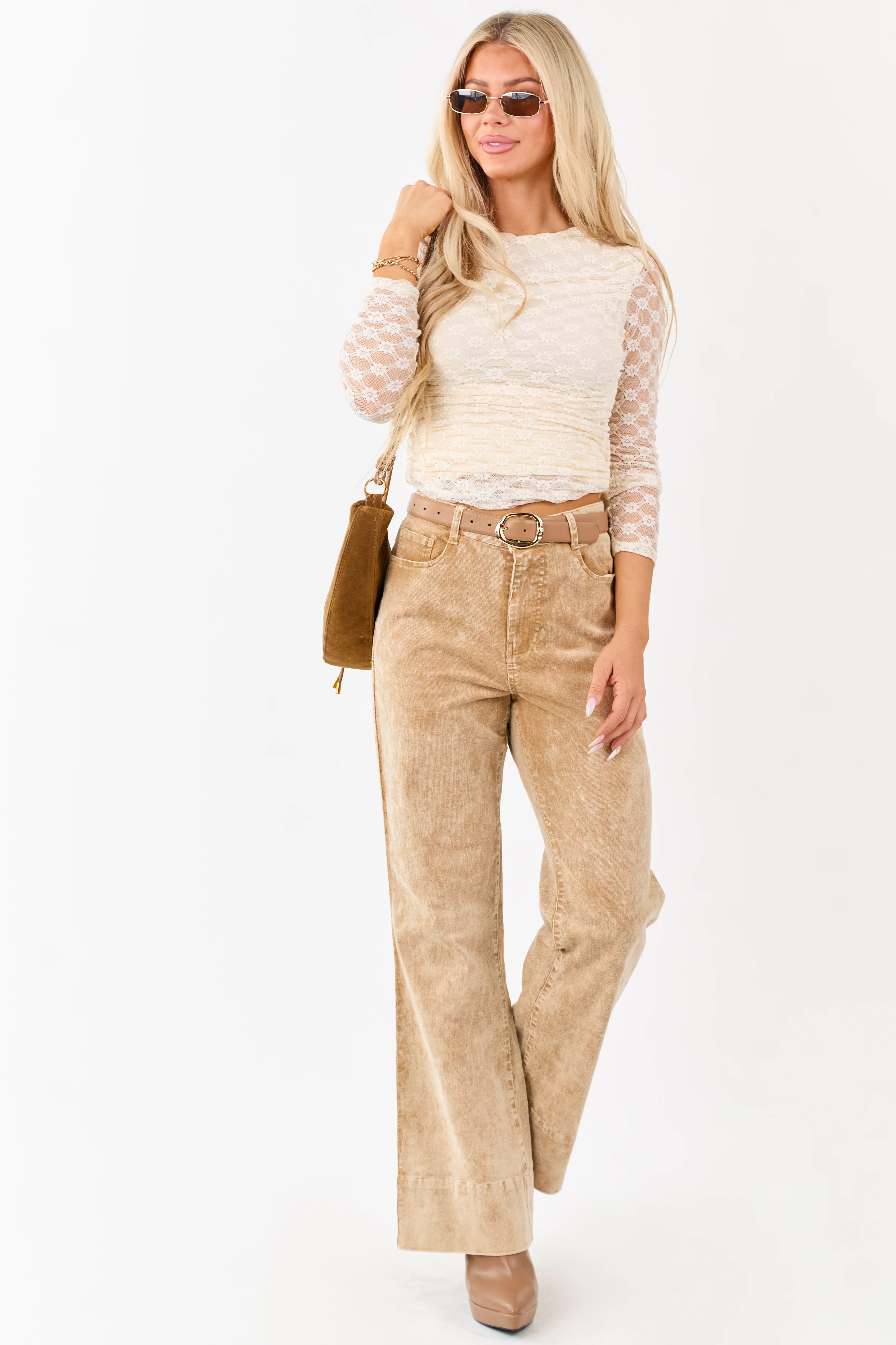 Beige Mineral Wash Corduroy Flare Pants - Image 7